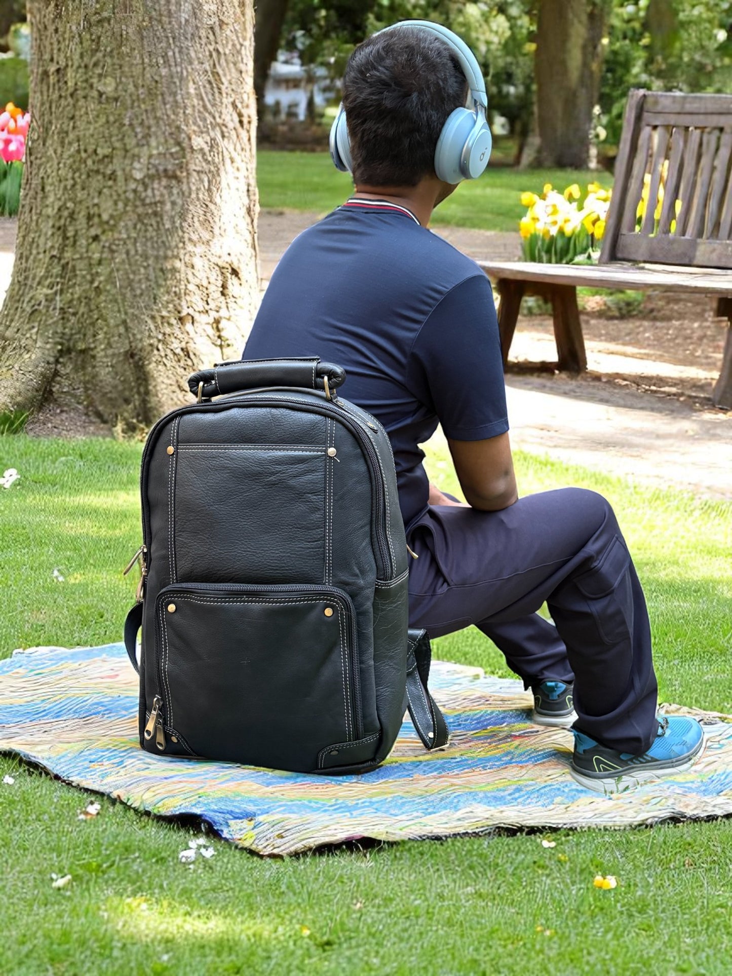 Men’s Genuine Leather Backpack with Laptop Compartment | Contrast Stitching & Brass Hardware | Multiple Organizer Pockets | Office, Travel & Business Use | Stylish Daypack (Black)