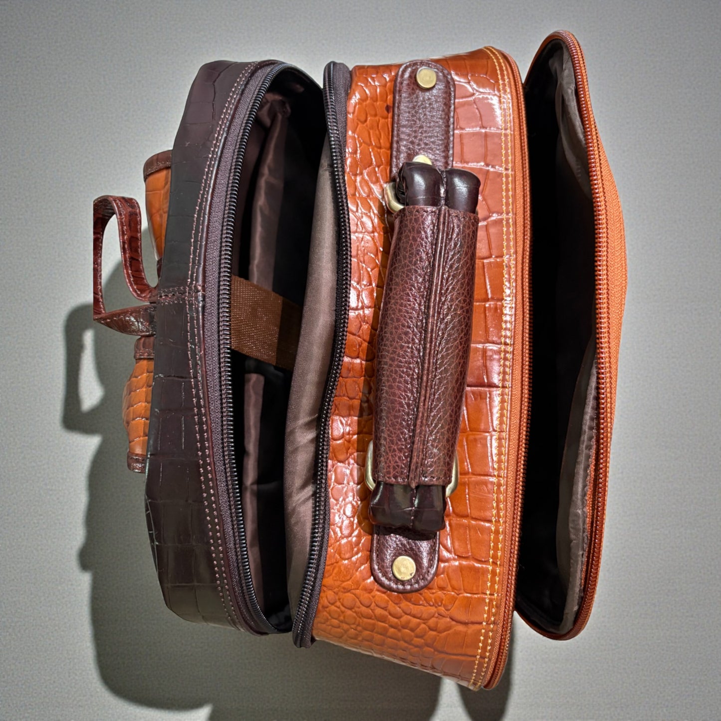 Luxury Crocodile Pattern Leather Backpack, 37x30x12 cm, Multiple Compartments, Brass Hardware (Brown and Tan)