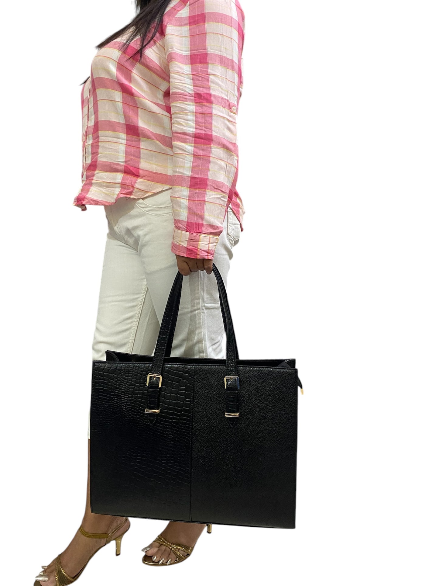 LIDA FASHION Women's Laptop Bag, Croc-Embossed Premium Leather, 14 inch laptop office bag (Black)