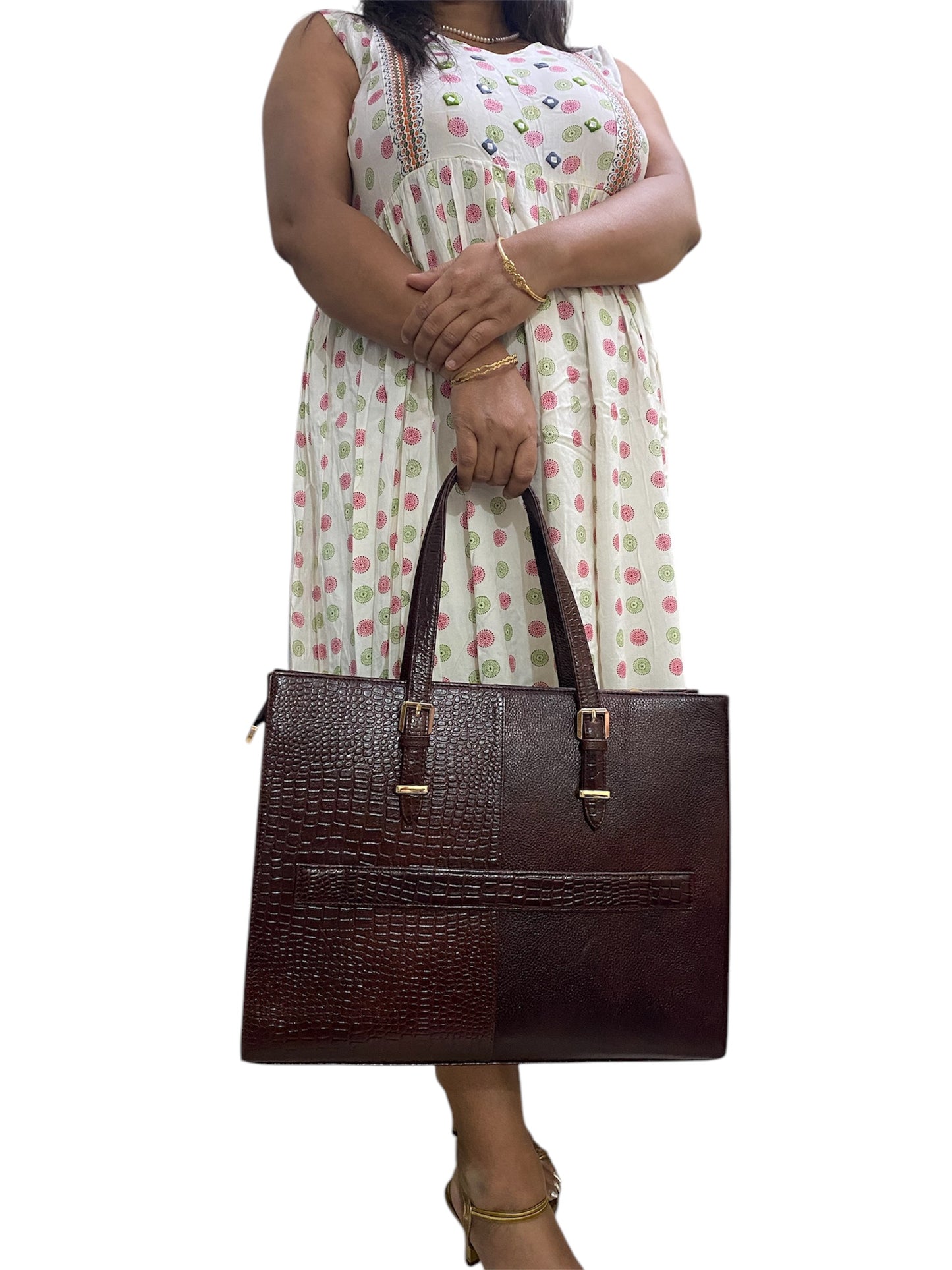 LIDA FASHION Women's Laptop Bag, Croc-Embossed Premium Leather, 14 inch laptop office bag (Brown)