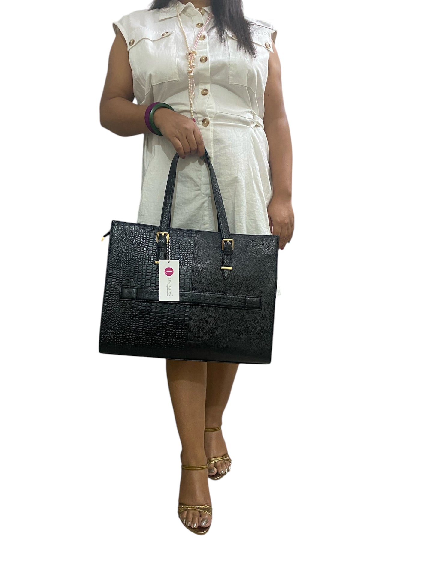 LIDA FASHION Women's Laptop Bag, Croc-Embossed Premium Leather, 14 inch laptop office bag (Black)