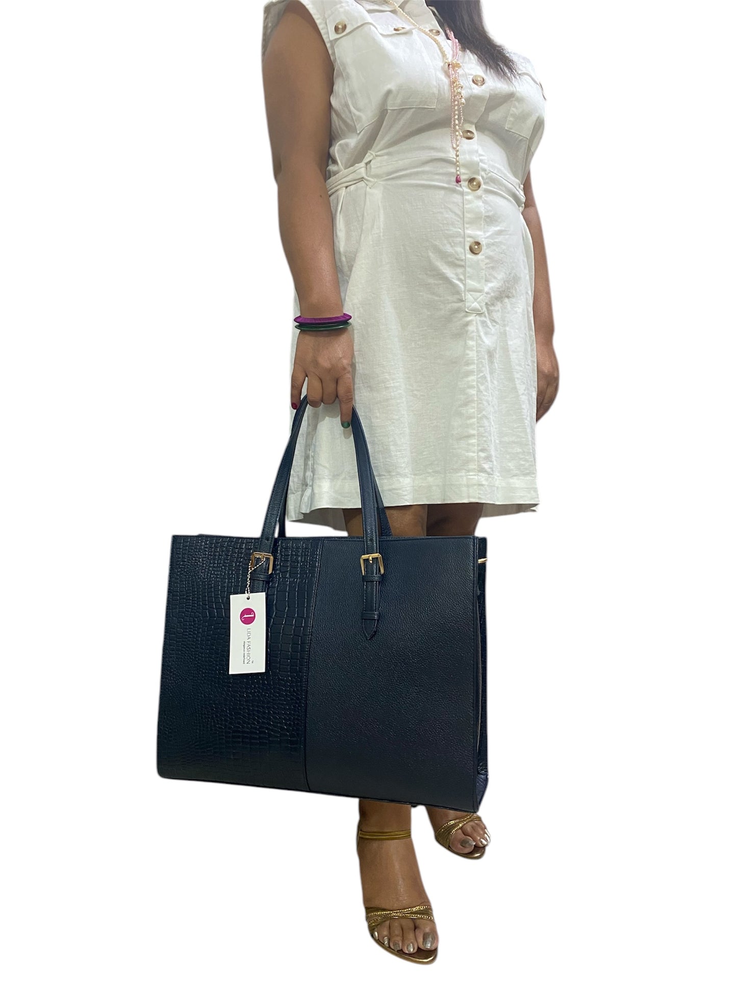 LIDA FASHION Women's Laptop Bag, Croc-Embossed Premium Leather, 14 inch laptop office bag (Blue)