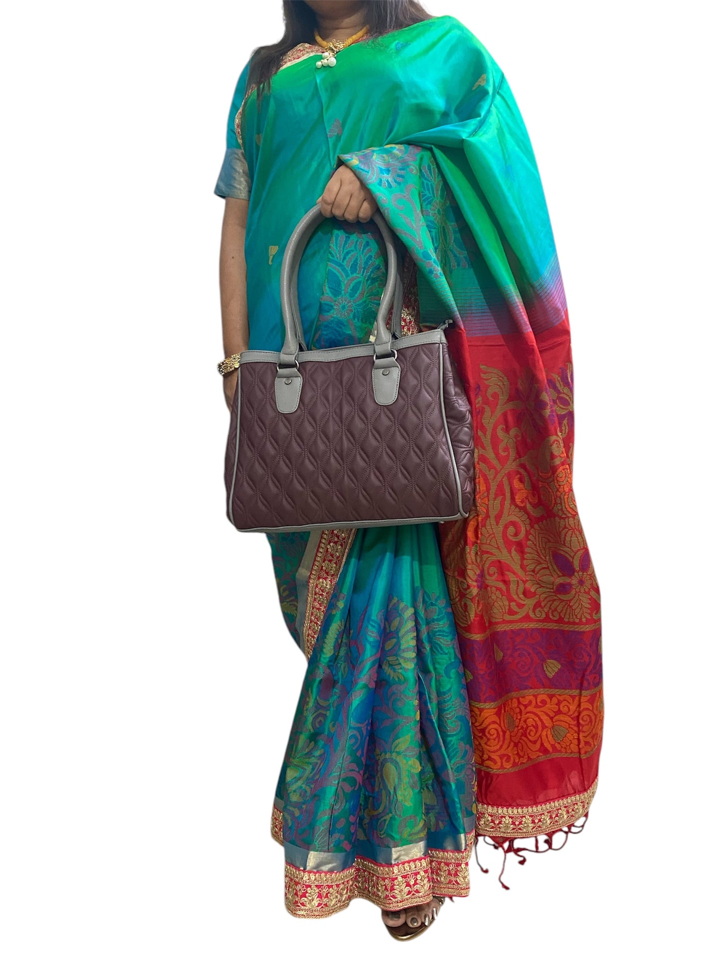 LIDA FASHION Trendy Quilted Burgundy Leather Handbag for Women, Grey Accents