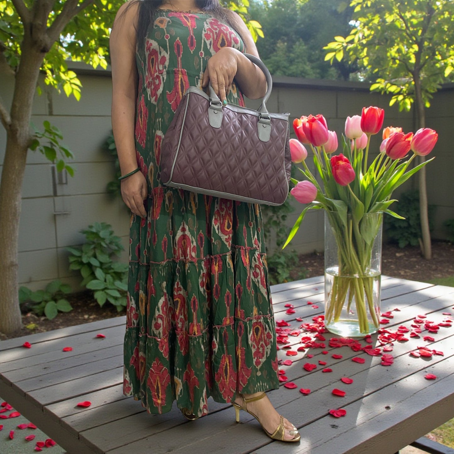 Quilted Burgundy Leather Handbag for Women – Genuine Leather Bag with Grey Accents, Spacious Interior, Top Handles & Zippered Compartment | Elegant Utility Tote for Daily & Office Use