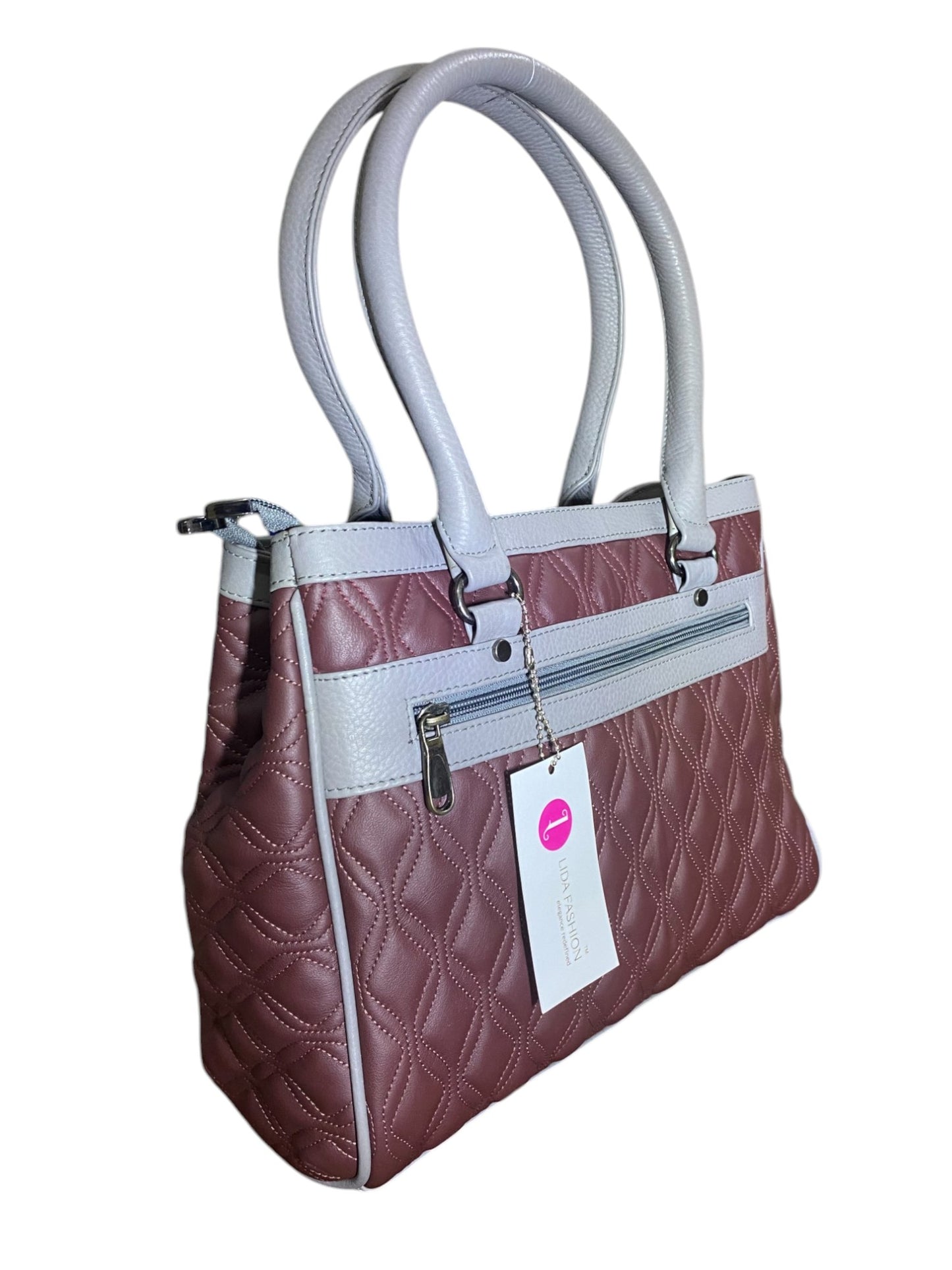 LIDA FASHION Trendy Quilted Burgundy Leather Handbag for Women, Grey Accents