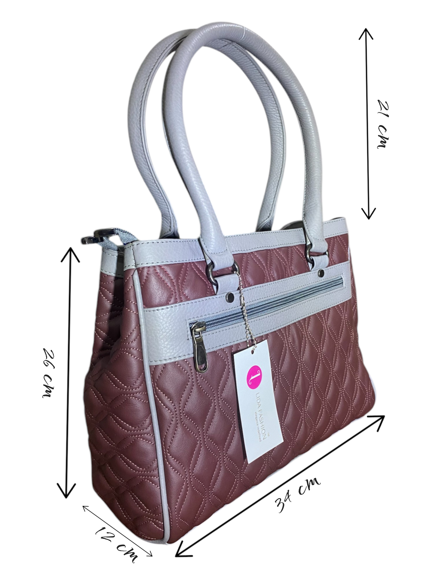 LIDA FASHION Trendy Quilted Burgundy Leather Handbag for Women, Grey Accents