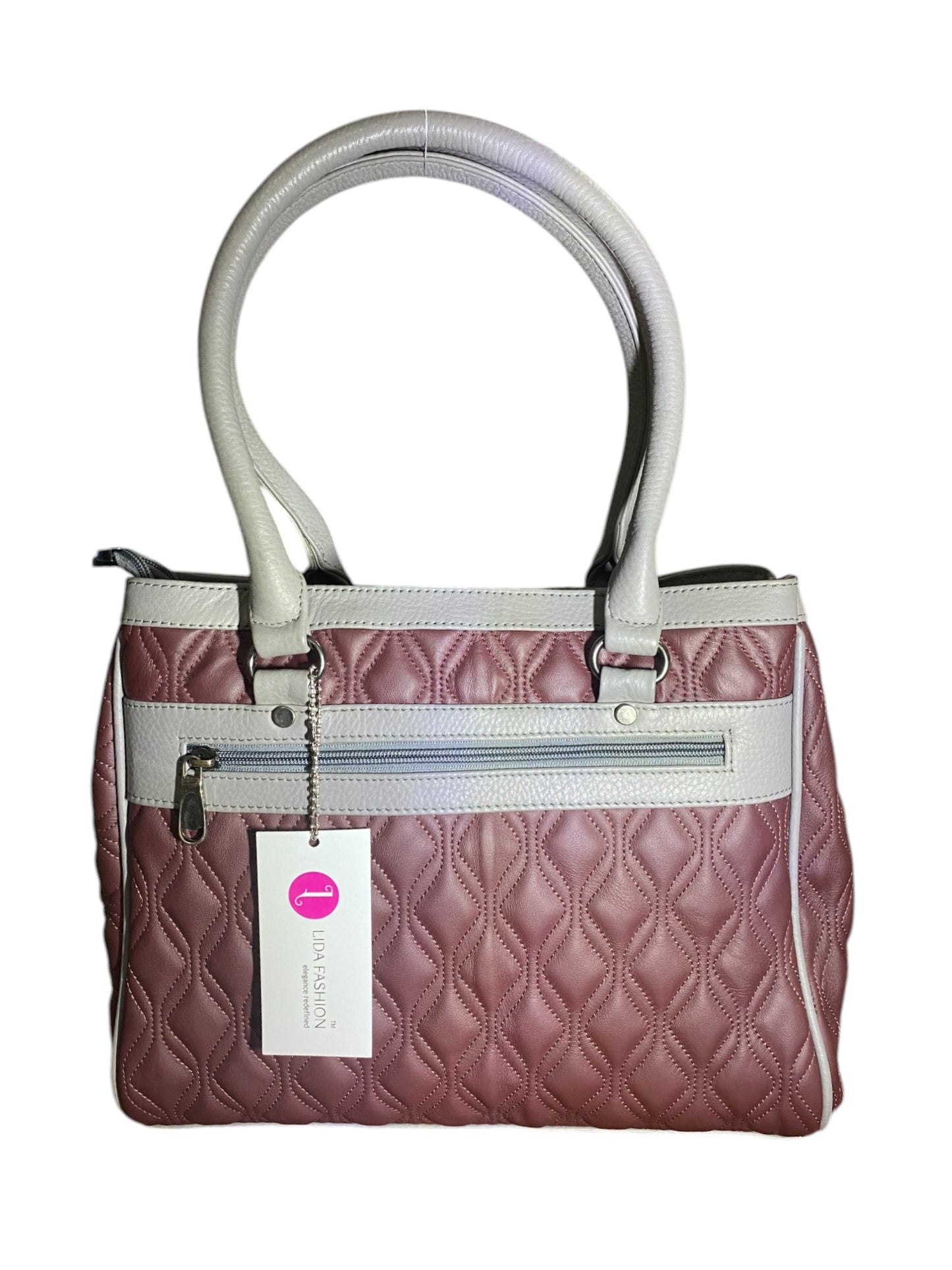 LIDA FASHION Trendy Quilted Burgundy Leather Handbag for Women, Grey Accents