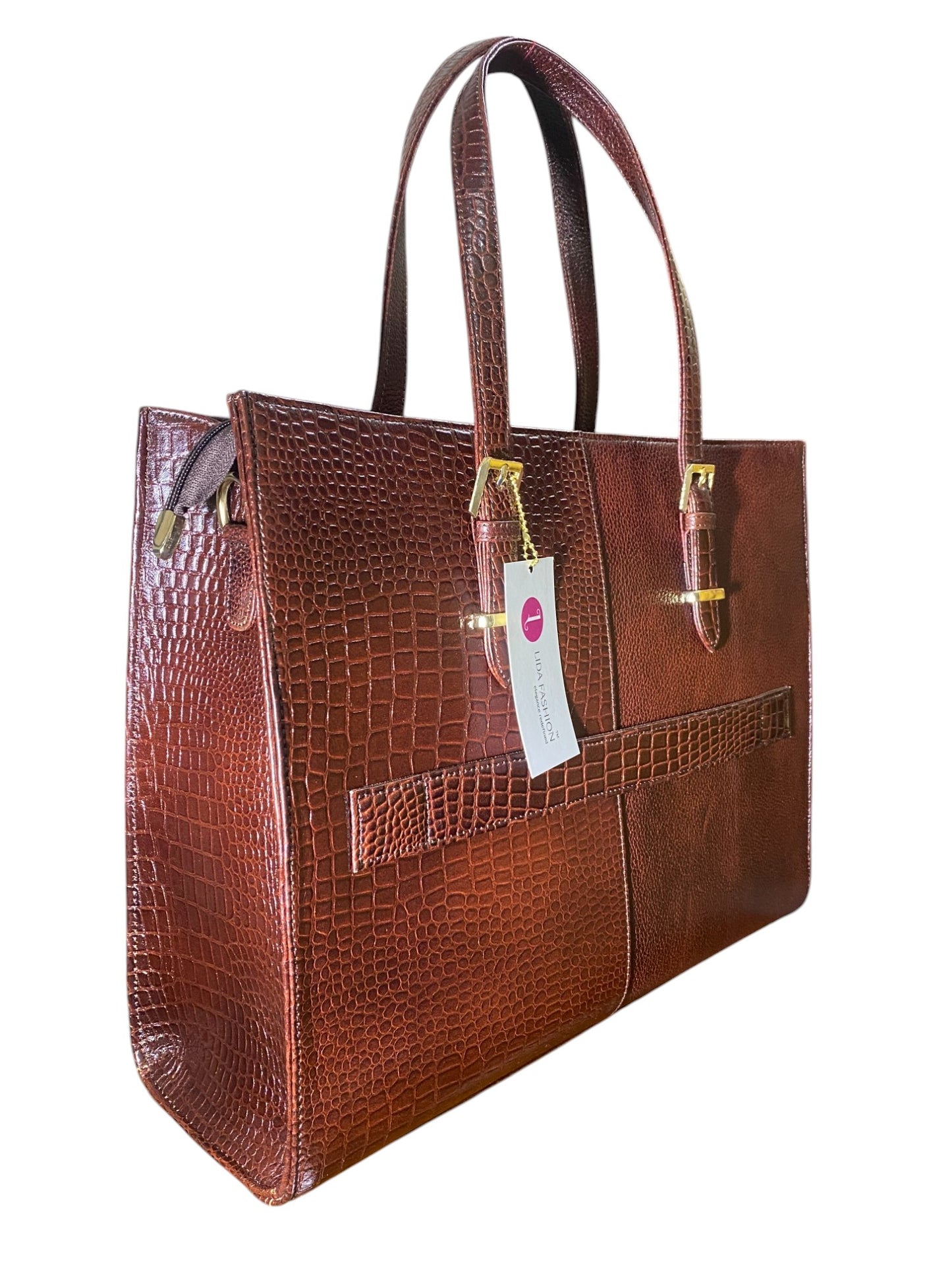 LIDA FASHION Women's Laptop Bag, Croc-Embossed Premium Leather, 14 inch laptop office bag (Brown)