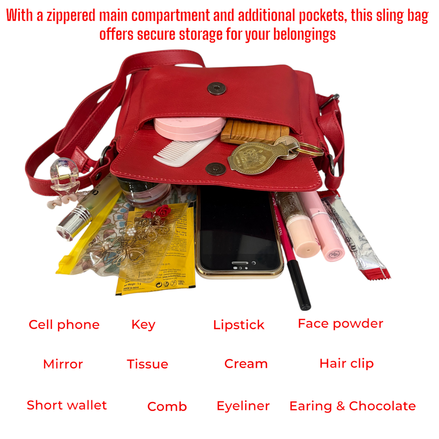 Women’s Red Leather Sling Bag | Stylish Compact Crossbody Bag with Adjustable Strap & Zipper Pockets | Genuine Leather Purse for Daily, Travel & Casual Use (Red)