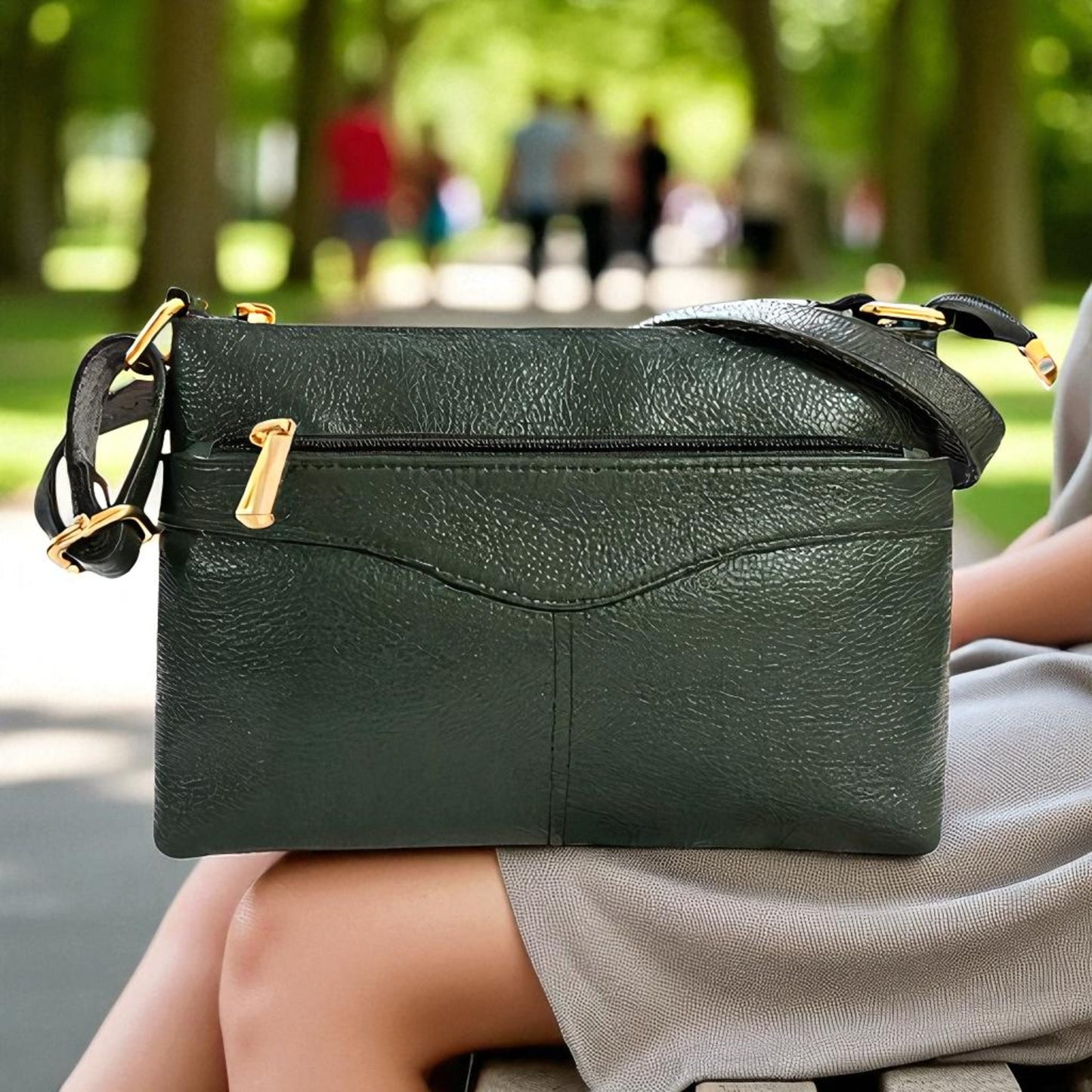 Compact Crossbody Bag, Dark Green Genuine Leather, Multi-Compartment with Gold Hardware (Green)