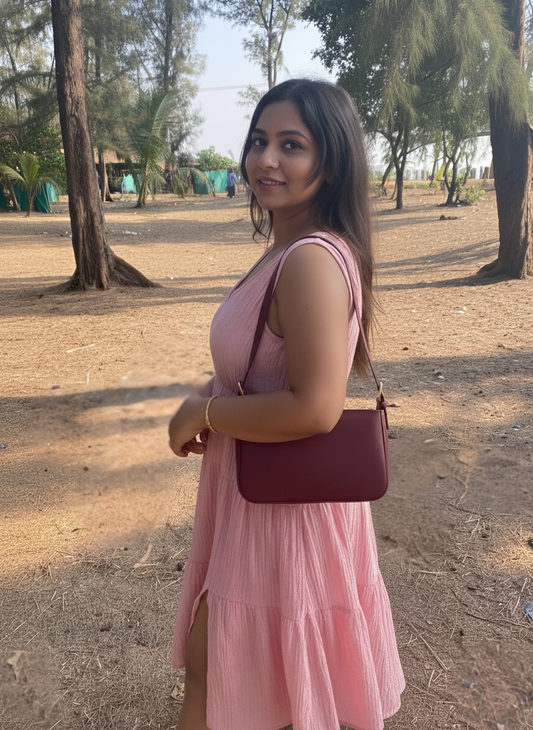 Women's Leather Shoulder Bag | Genuine Leather Baguette-Style Handbag with Gold-Tone Hardware | Slim Profile Purse with Single Strap for Daily & Formal Use | Elegant & Durable (Wine)