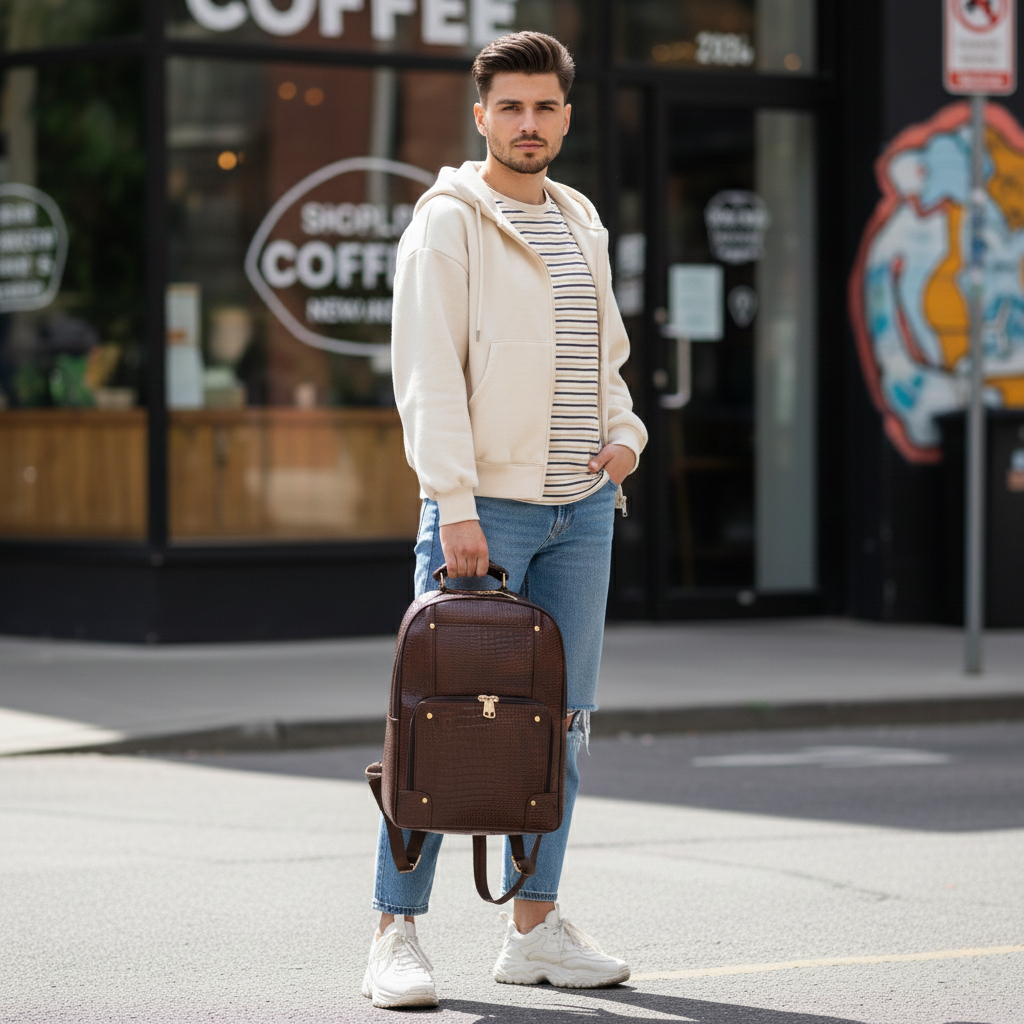 Luxury Crocodile Pattern Leather Backpack, 37x30x12 cm, Multiple Compartments, Brass Hardware (Brown)