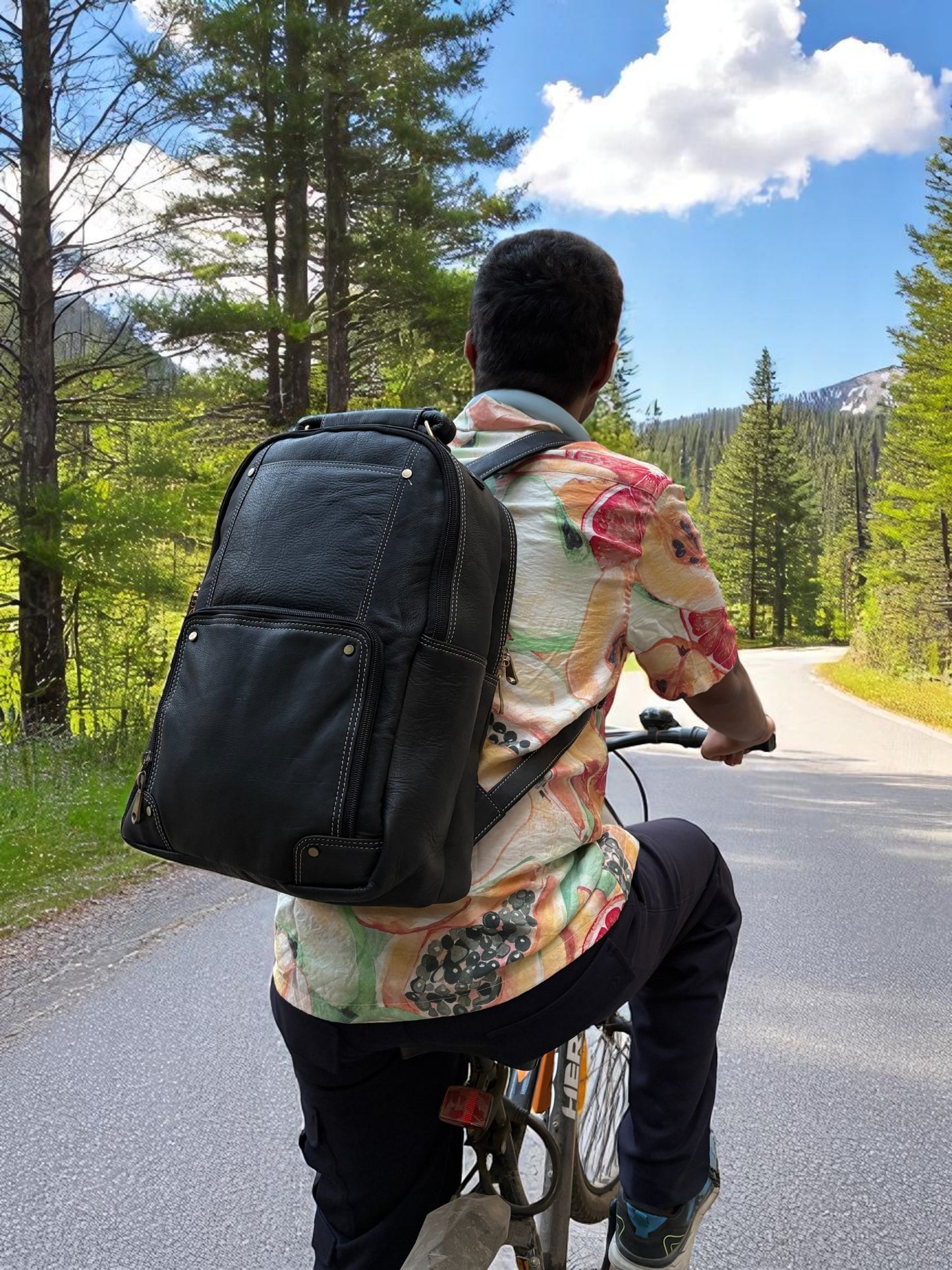 Men’s Genuine Leather Backpack with Laptop Compartment | Contrast Stitching & Brass Hardware | Multiple Organizer Pockets | Office, Travel & Business Use | Stylish Daypack (Black)