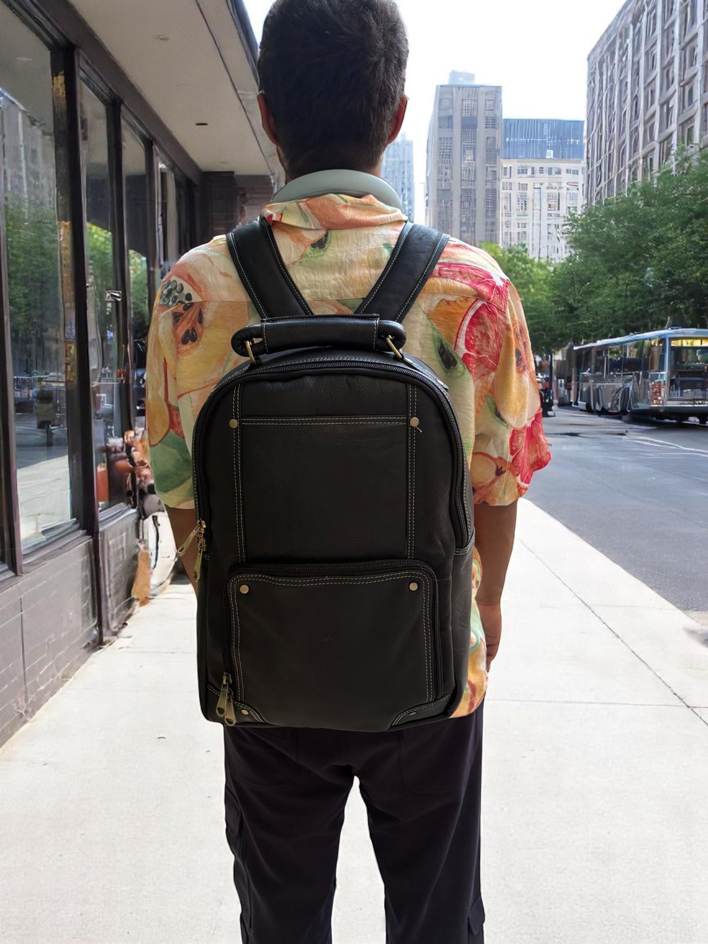 Men’s Genuine Leather Backpack with Laptop Compartment | Contrast Stitching & Brass Hardware | Multiple Organizer Pockets | Office, Travel & Business Use | Stylish Daypack (Black)