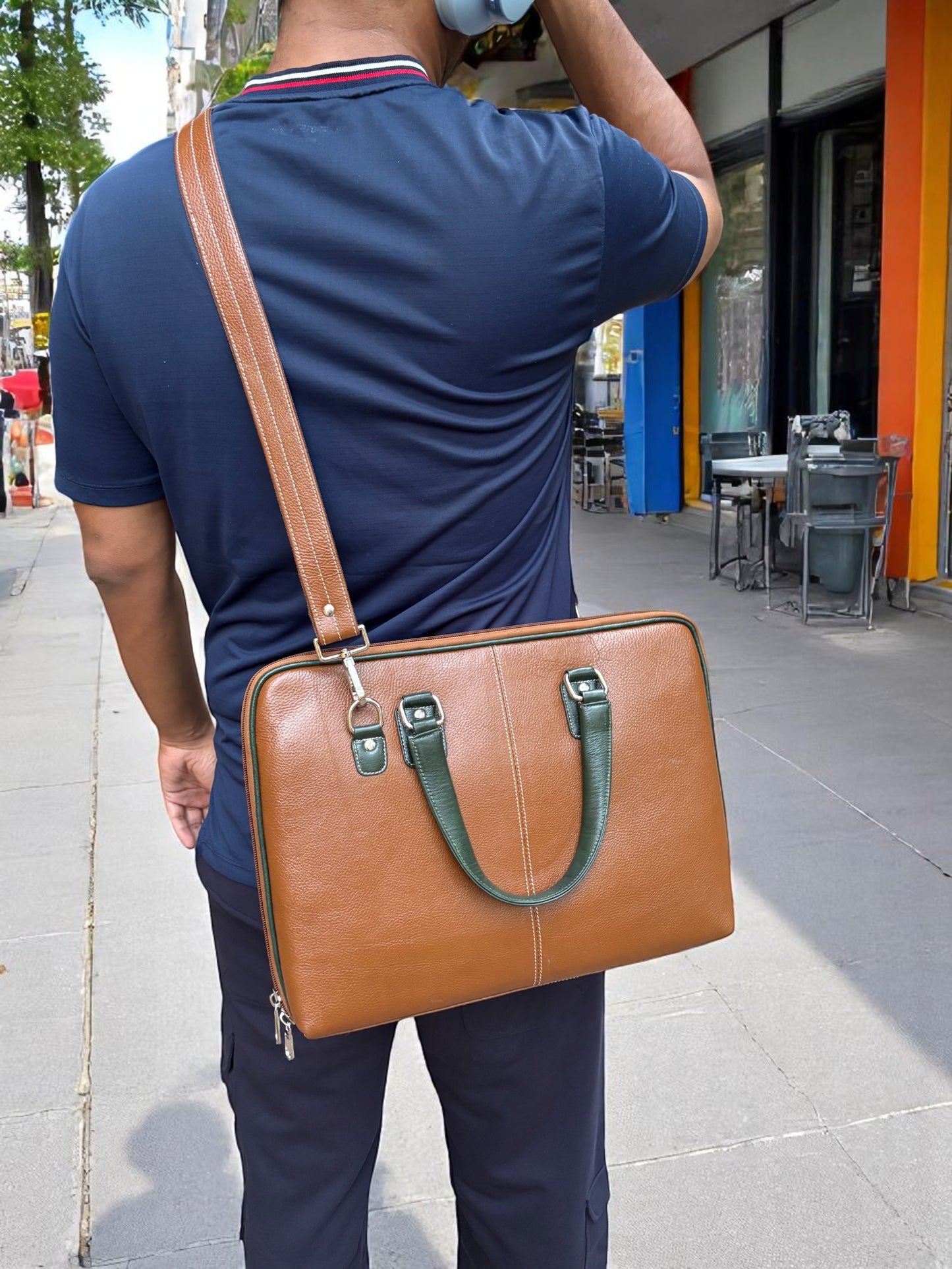 Pure Leather Laptop Bag for Men & Women | Premium 14-Inch Work Office Handbag with Adjustable Strap, Multi Compartments | Stylish Leather Laptop Briefcase – Yellow & Green