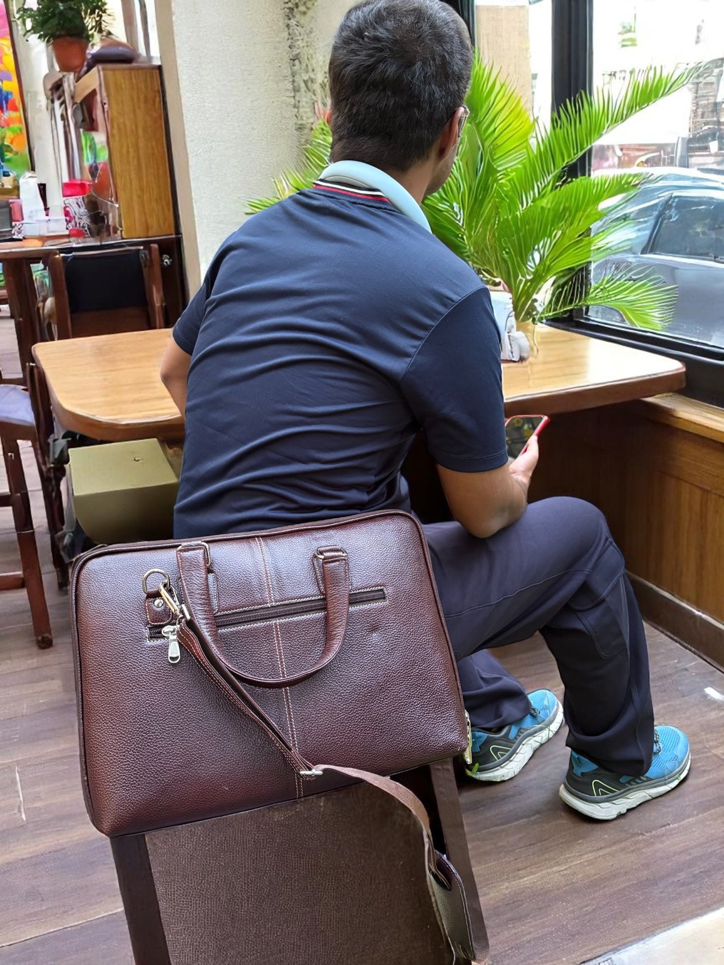 Pure Leather Laptop Bag for Men & Women – 14-Inch Office Bag in Brown with Multiple Compartments, Adjustable Strap, Premium Finish & Contrast Stitching | Unisex Professional Work Satchel - Brown