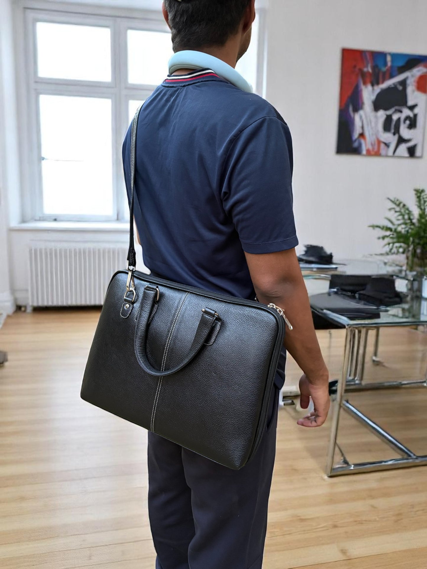 Genuine Leather Laptop Bag for Men & Women | 14-Inch Professional Office Briefcase with Adjustable Strap & Compartments | Laptop Bag for Business, Travel, Daily Use – Black