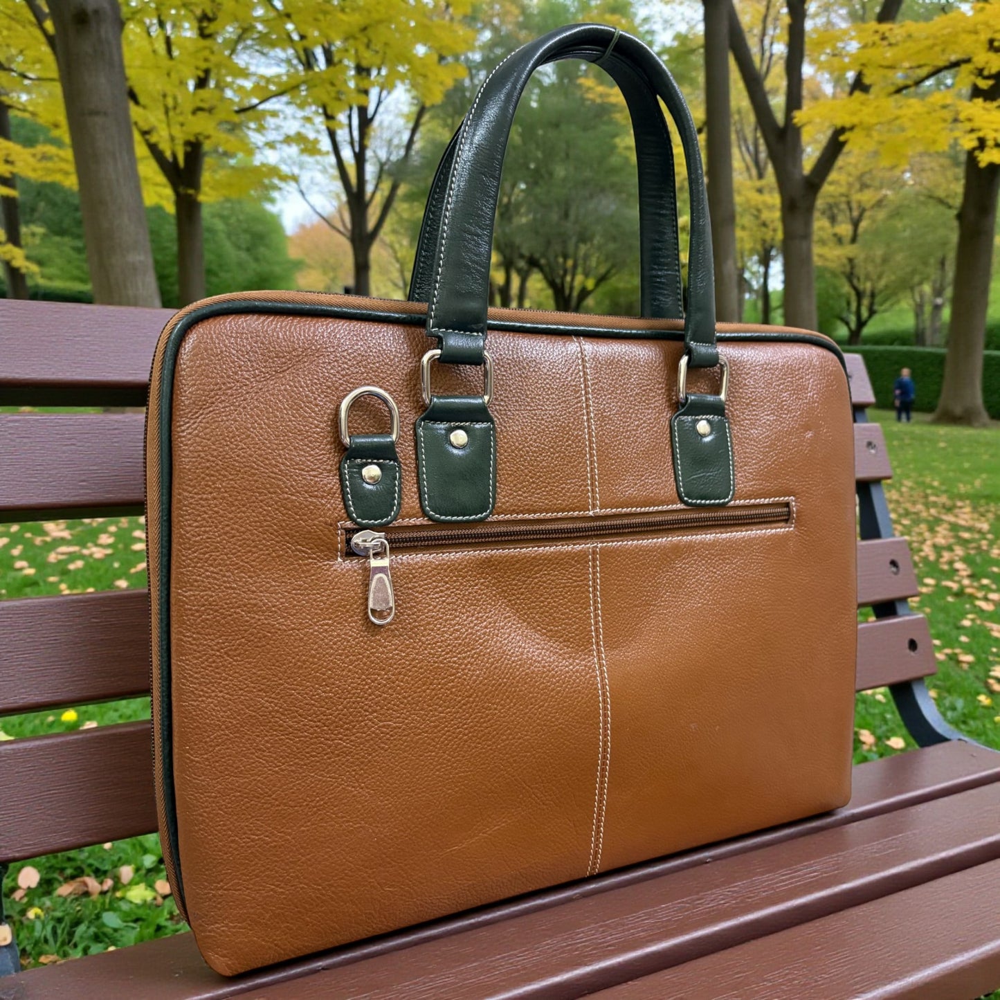 Pure Leather Laptop Bag for Men & Women | Premium 14-Inch Work Office Handbag with Adjustable Strap, Multi Compartments | Stylish Leather Laptop Briefcase – Yellow & Green