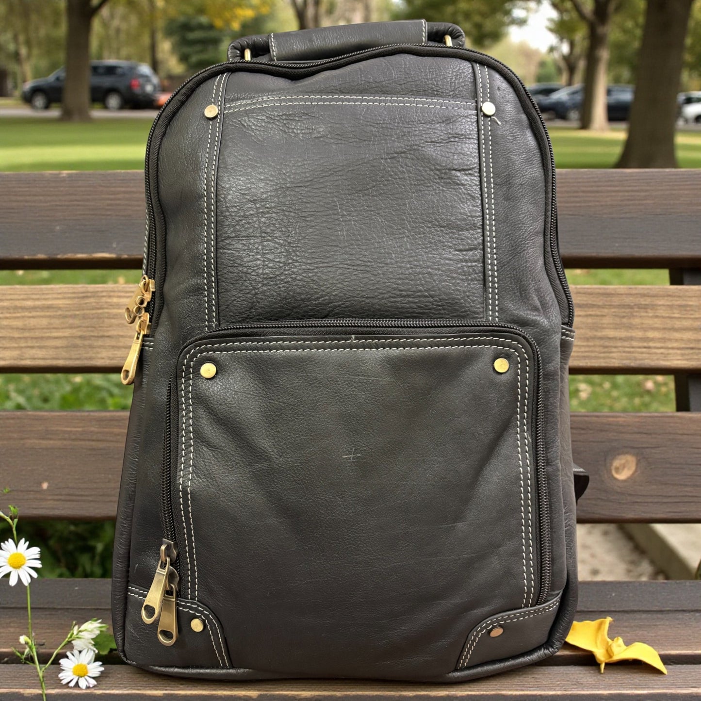 Men’s Genuine Leather Backpack with Laptop Compartment | Contrast Stitching & Brass Hardware | Multiple Organizer Pockets | Office, Travel & Business Use | Stylish Daypack (Black)