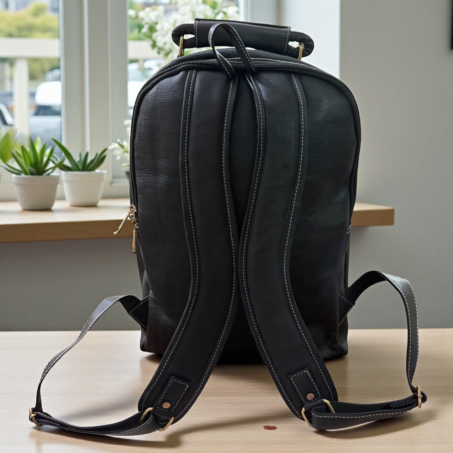 Men’s Genuine Leather Backpack with Laptop Compartment | Contrast Stitching & Brass Hardware | Multiple Organizer Pockets | Office, Travel & Business Use | Stylish Daypack (Black)