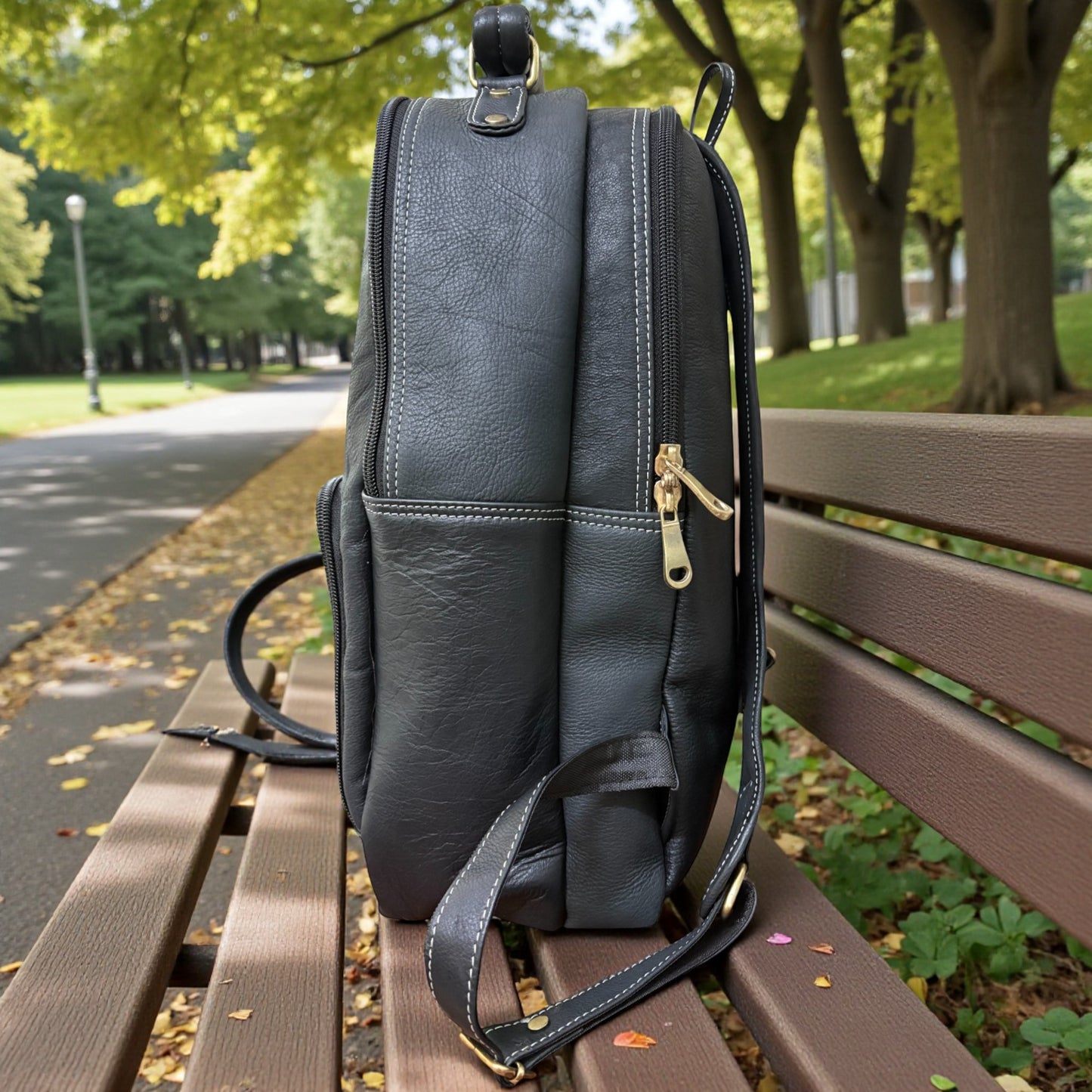Men’s Genuine Leather Backpack with Laptop Compartment | Contrast Stitching & Brass Hardware | Multiple Organizer Pockets | Office, Travel & Business Use | Stylish Daypack (Black)