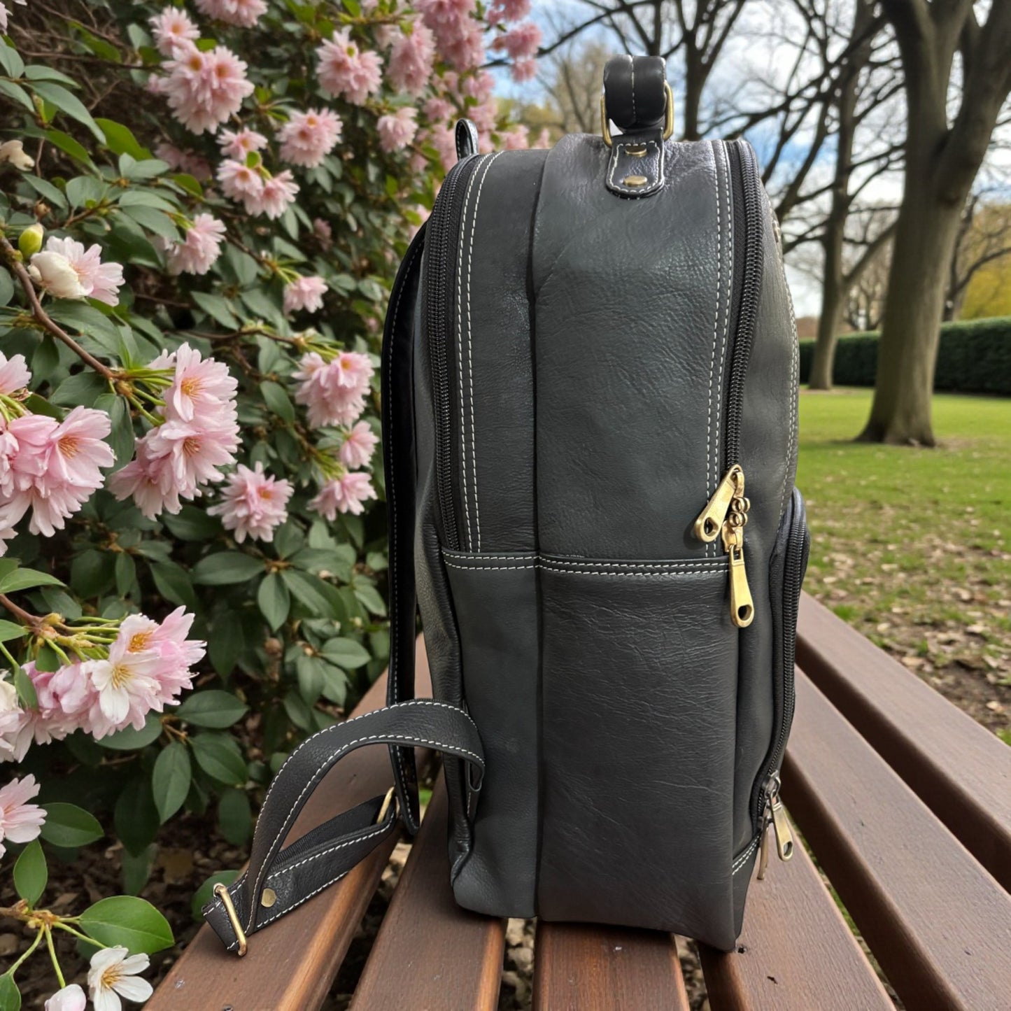 Men’s Genuine Leather Backpack with Laptop Compartment | Contrast Stitching & Brass Hardware | Multiple Organizer Pockets | Office, Travel & Business Use | Stylish Daypack (Black)