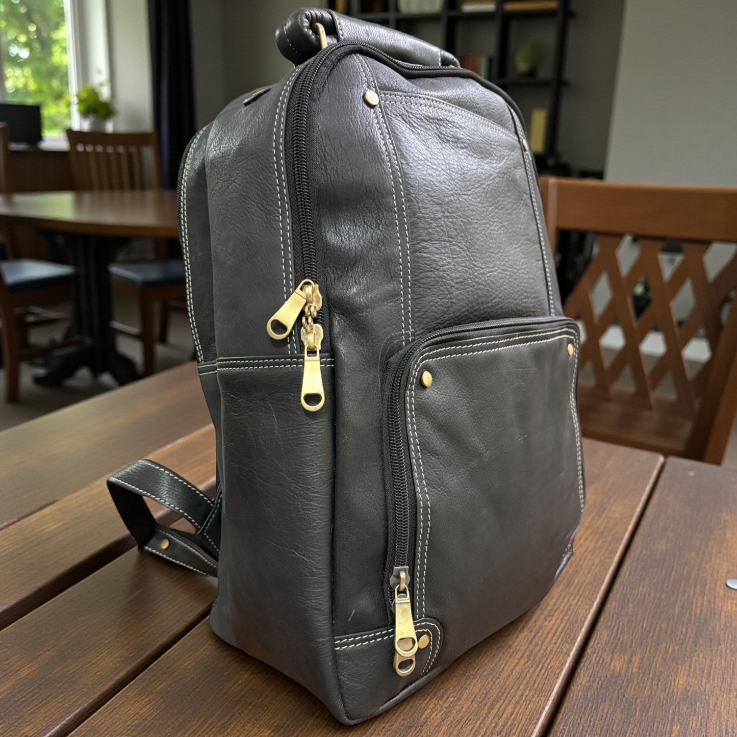 Men’s Genuine Leather Backpack with Laptop Compartment | Contrast Stitching & Brass Hardware | Multiple Organizer Pockets | Office, Travel & Business Use | Stylish Daypack (Black)