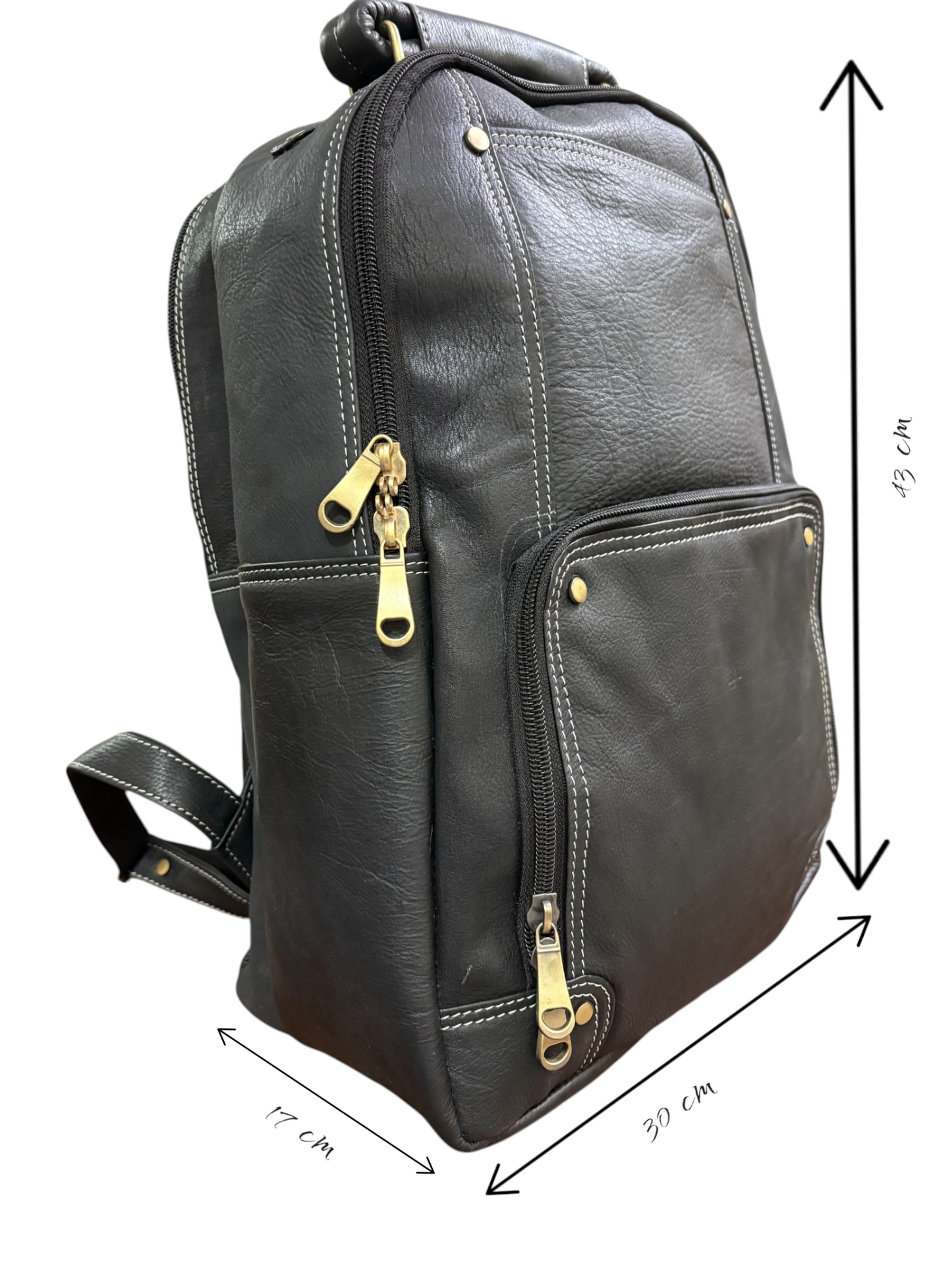 Men’s Genuine Leather Backpack with Laptop Compartment | Contrast Stitching & Brass Hardware | Multiple Organizer Pockets | Office, Travel & Business Use | Stylish Daypack (Black)
