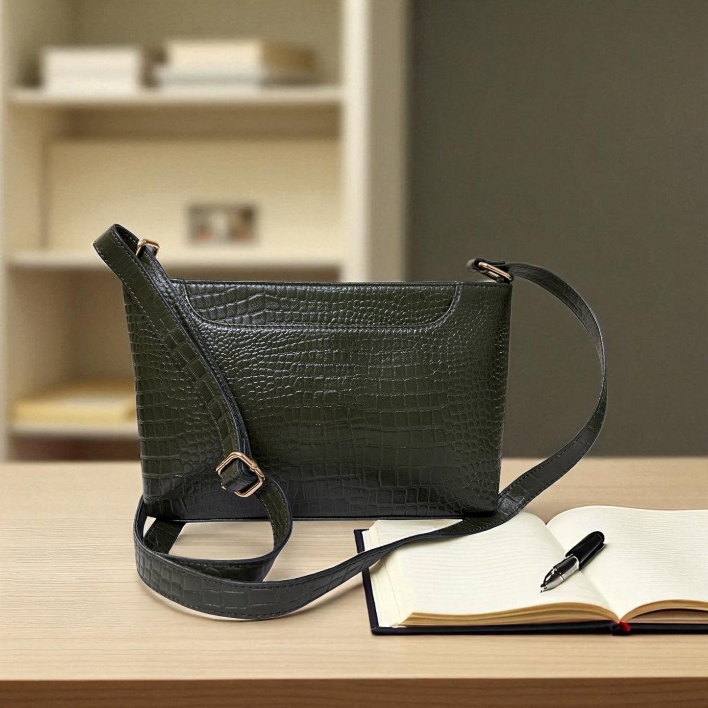 LIDA FASHION Womens Olive Green Leather Sling Bag | Crocodile-Embossed Genuine Leather Crossbody Purse with Adjustable Strap | Compact Yet Spacious for Casual & Party | Stylish & Durable