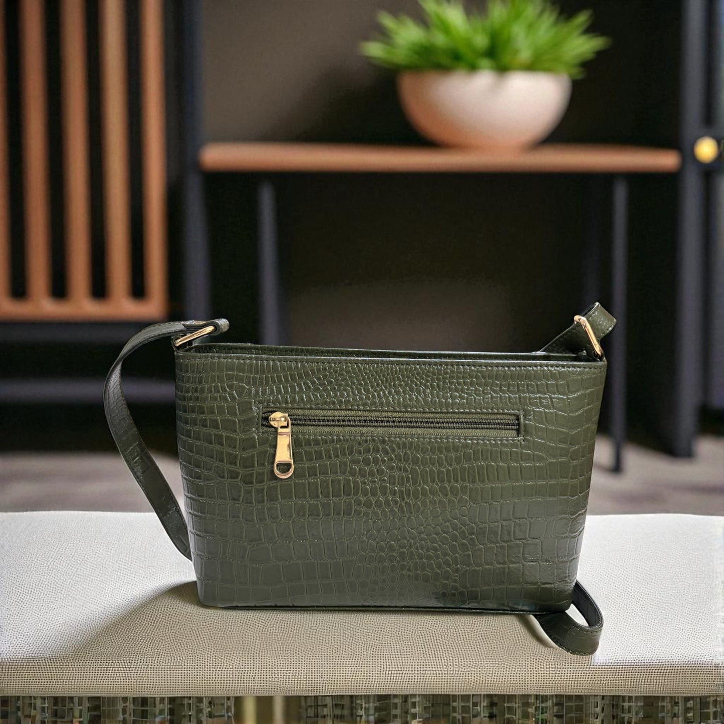 LIDA FASHION Womens Olive Green Leather Sling Bag | Crocodile-Embossed Genuine Leather Crossbody Purse with Adjustable Strap | Compact Yet Spacious for Casual & Party | Stylish & Durable