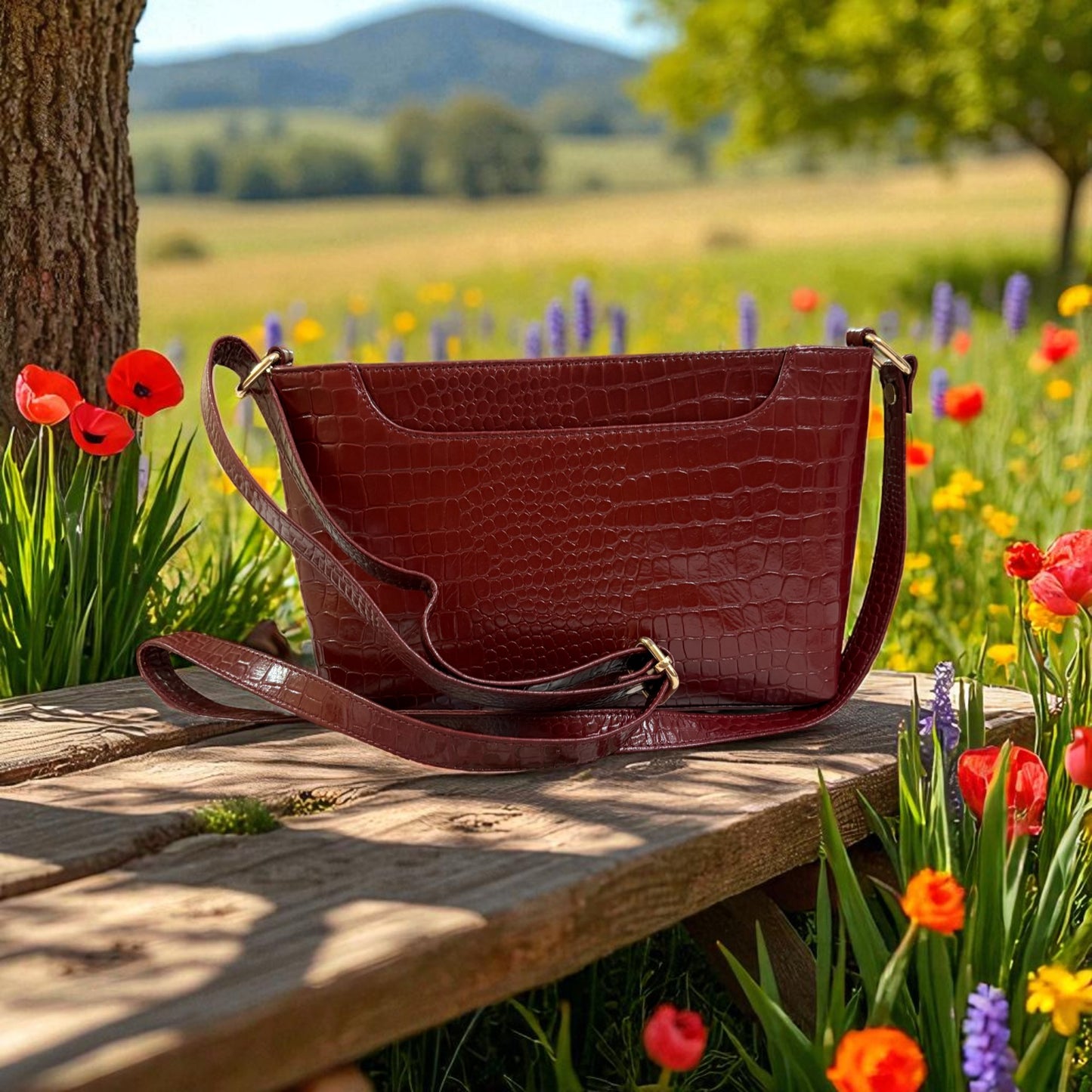 Stylish Croc-Embossed Leather Sling Bag for Women – Maroon Crossbody Purse with Adjustable Strap & Spacious Interior | Genuine Leather Everyday Shoulder Bag for Work, Travel & Casual Use (Maroon)