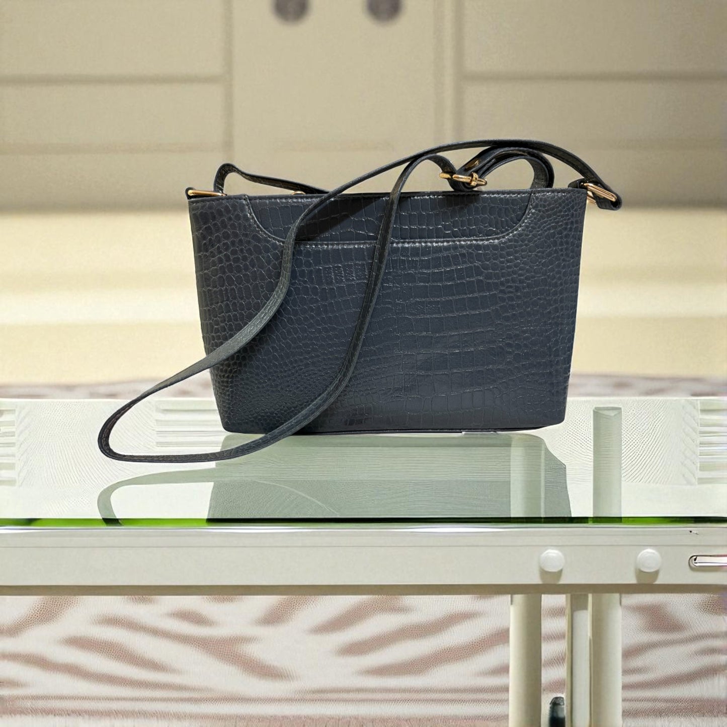 Stylish Crocodile-Pattern Leather Sling Bag for Women | Designer Small Crossbody Shoulder Bag with Adjustable Strap | Trendy Ladies Purse for Office, Travel & Daily Use (Greyish Blue)