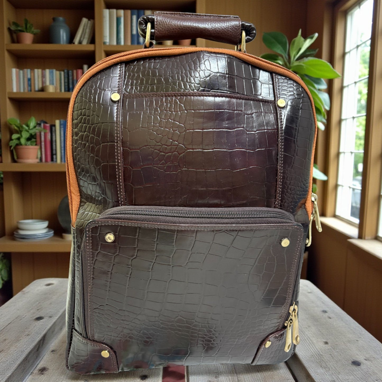 Luxury Crocodile Pattern Leather Backpack, 37x30x12 cm, Multiple Compartments, Brass Hardware (Brown and Tan)