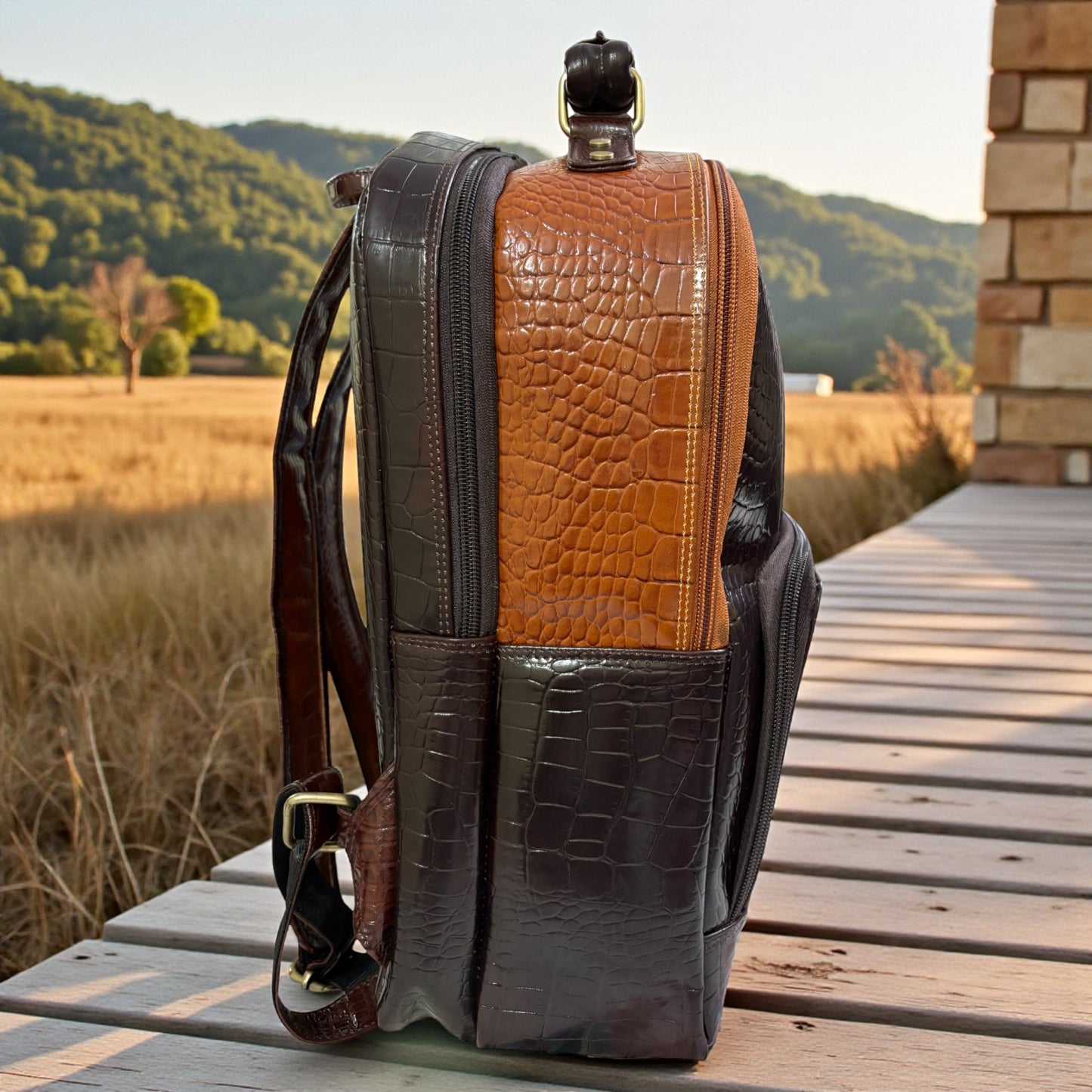 Luxury Crocodile Pattern Leather Backpack, 37x30x12 cm, Multiple Compartments, Brass Hardware (Brown and Tan)