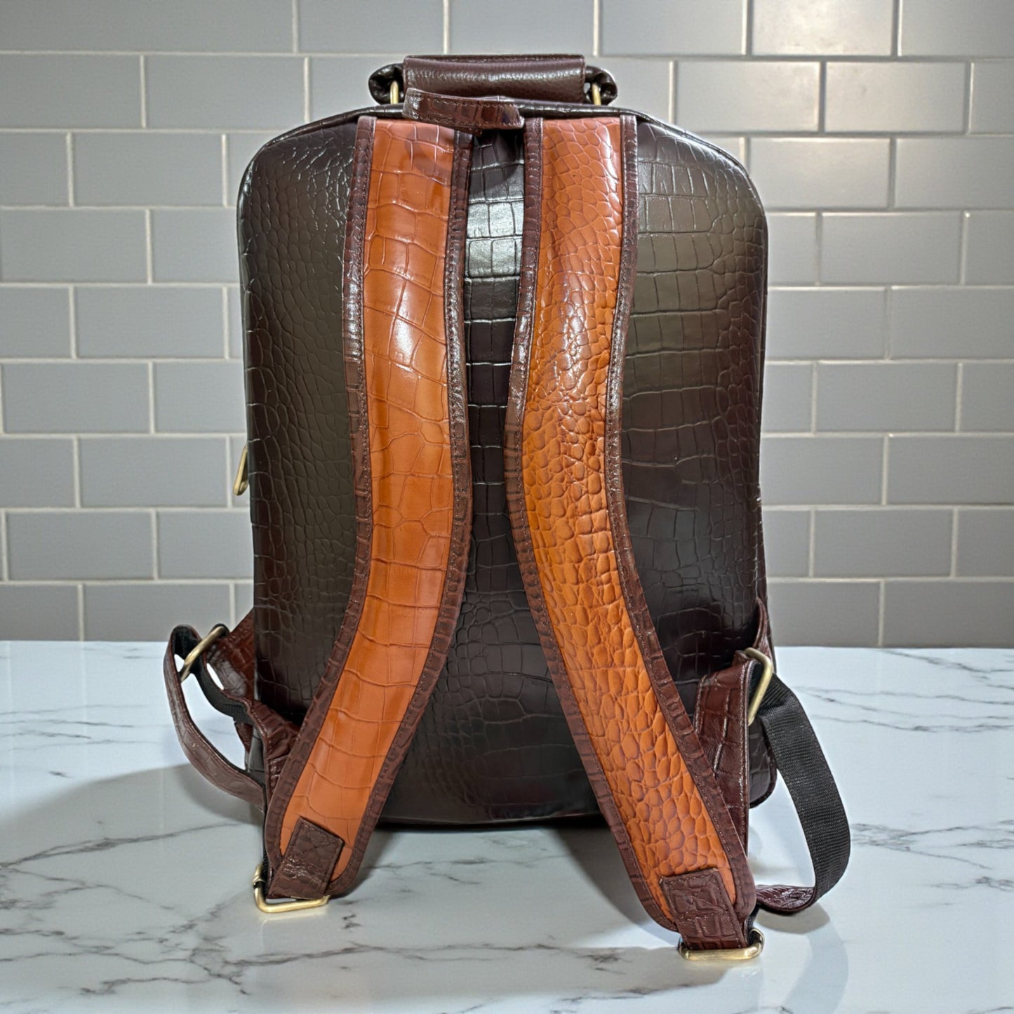 Luxury Crocodile Pattern Leather Backpack, 37x30x12 cm, Multiple Compartments, Brass Hardware (Brown and Tan)
