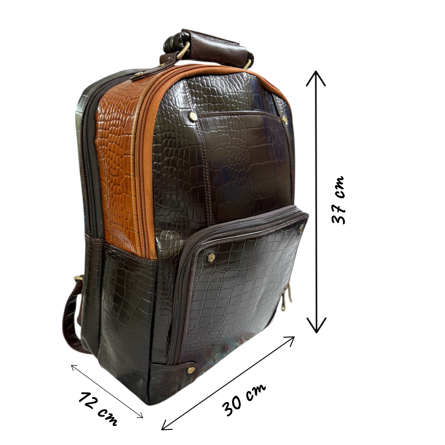 Luxury Crocodile Pattern Leather Backpack, 37x30x12 cm, Multiple Compartments, Brass Hardware (Brown and Tan)