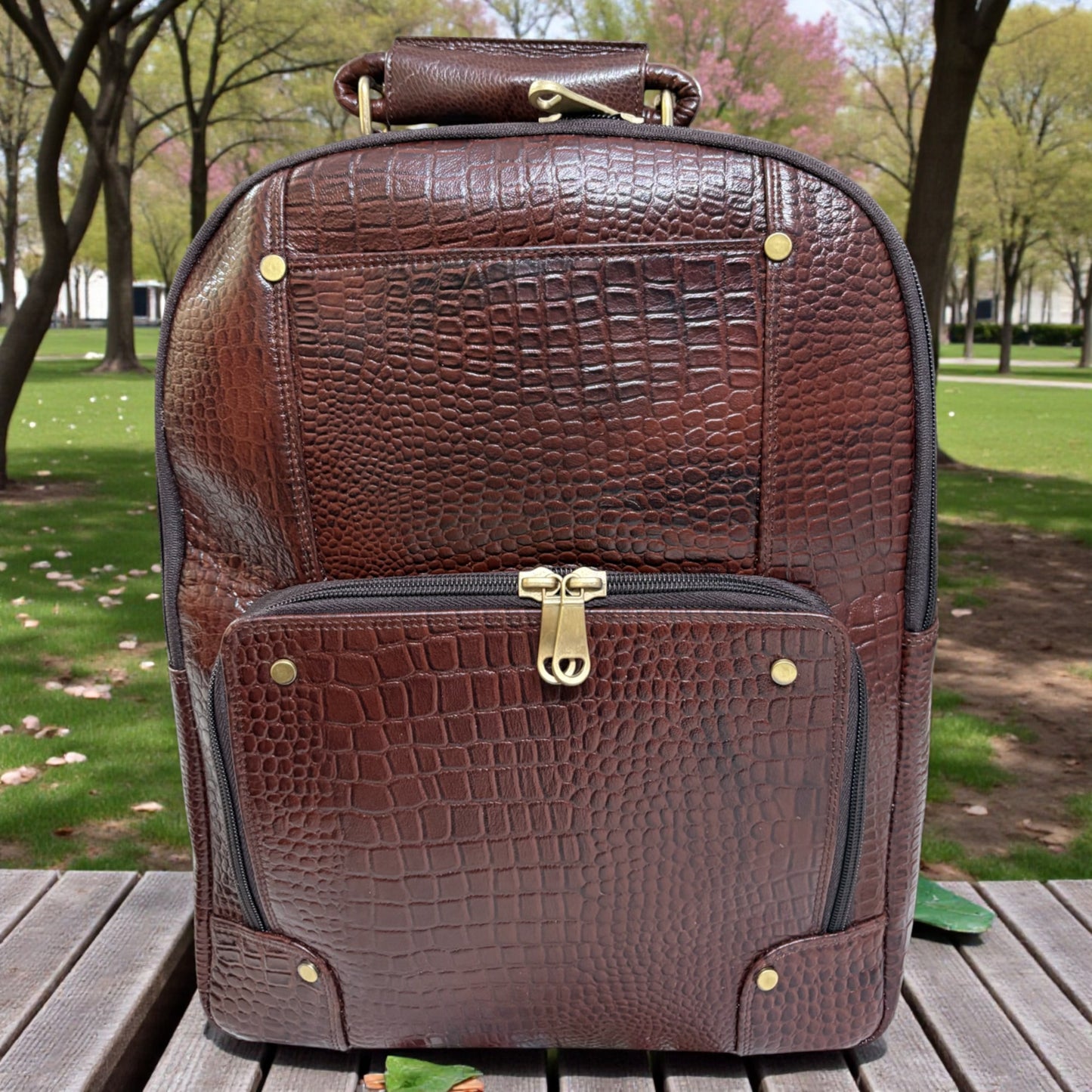 Luxury Crocodile Pattern Leather Backpack, 37x30x12 cm, Multiple Compartments, Brass Hardware (Brown)