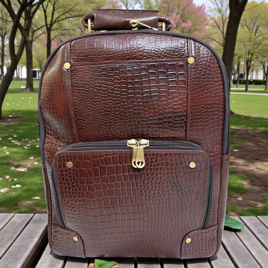 Luxury Crocodile Pattern Leather Backpack, 37x30x12 cm, Multiple Compartments, Brass Hardware (Brown)
