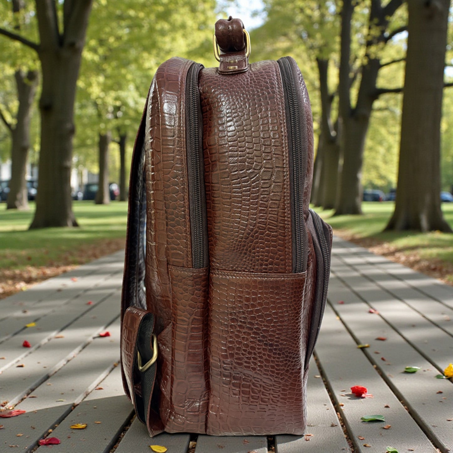 Luxury Crocodile Pattern Leather Backpack, 37x30x12 cm, Multiple Compartments, Brass Hardware (Brown)