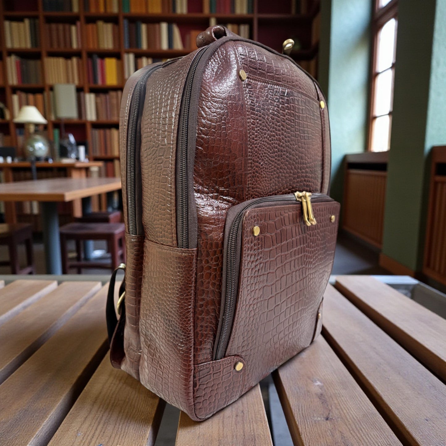 Luxury Crocodile Pattern Leather Backpack, 37x30x12 cm, Multiple Compartments, Brass Hardware (Brown)