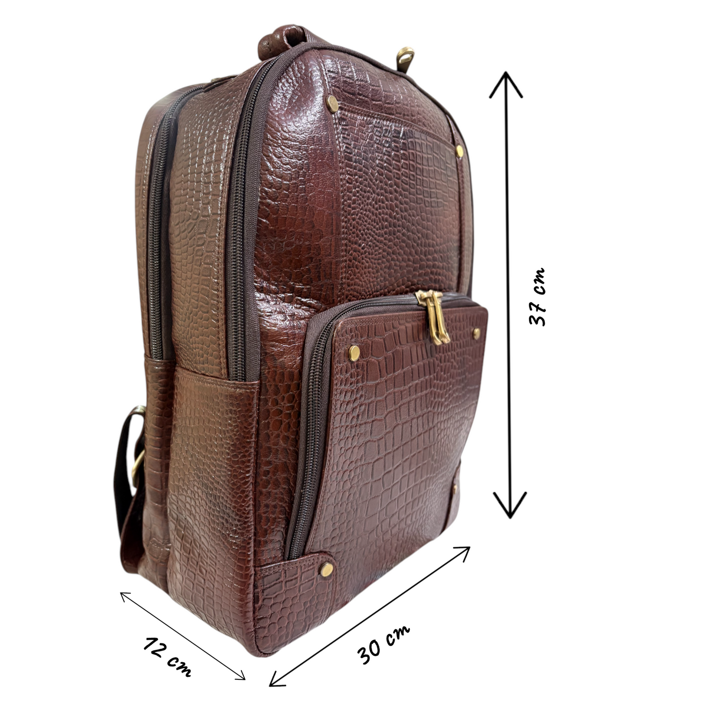 Luxury Crocodile Pattern Leather Backpack, 37x30x12 cm, Multiple Compartments, Brass Hardware (Brown)