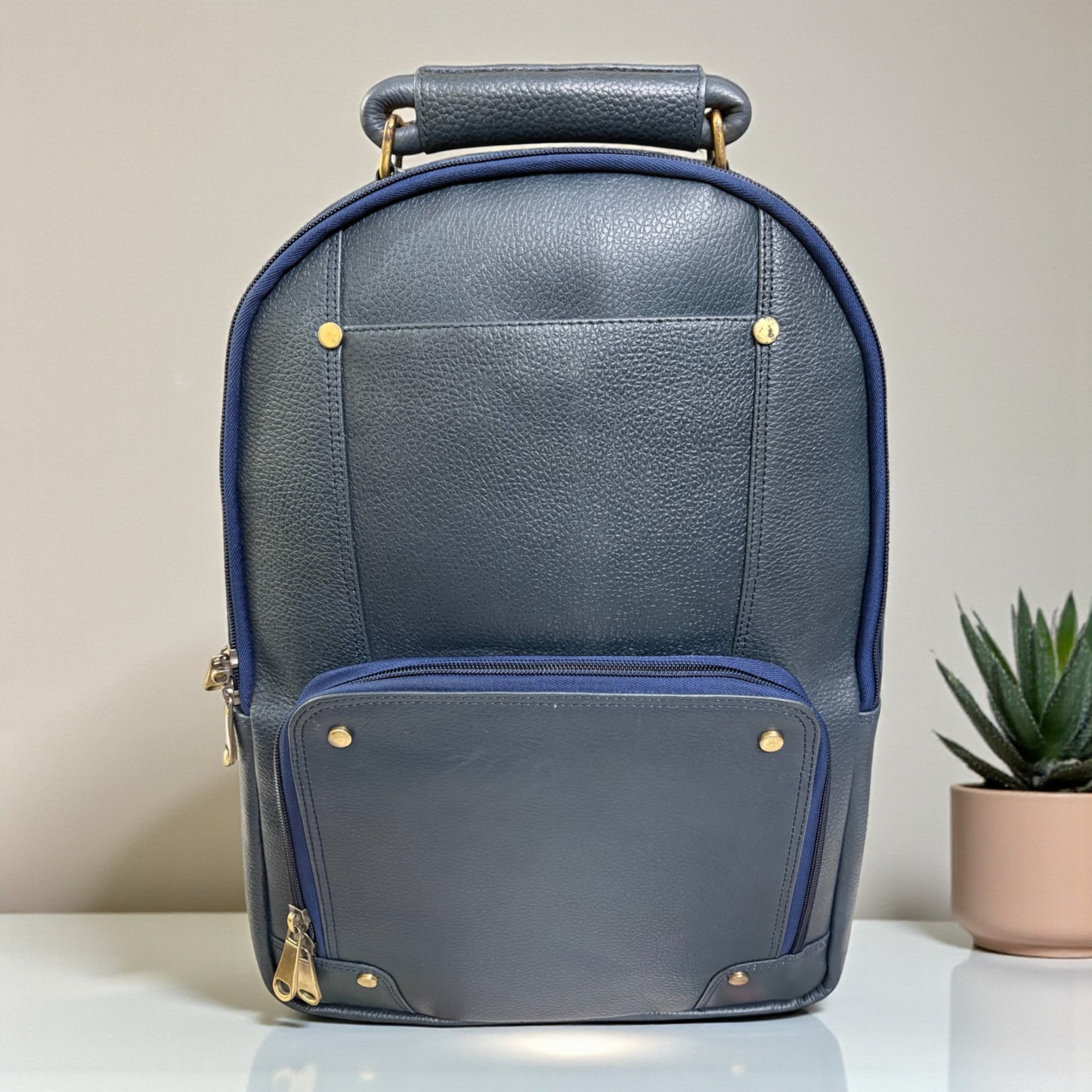 Men’s Genuine Leather Backpack with Laptop Compartment | Contrast Stitching & Brass Hardware | Multiple Organizer Pockets | Office, Travel & Business Use | Stylish Daypack (Blue)