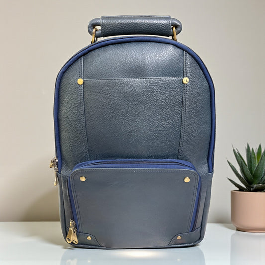 Men’s Genuine Leather Backpack with Laptop Compartment | Contrast Stitching & Brass Hardware | Multiple Organizer Pockets | Office, Travel & Business Use | Stylish Daypack (Blue)