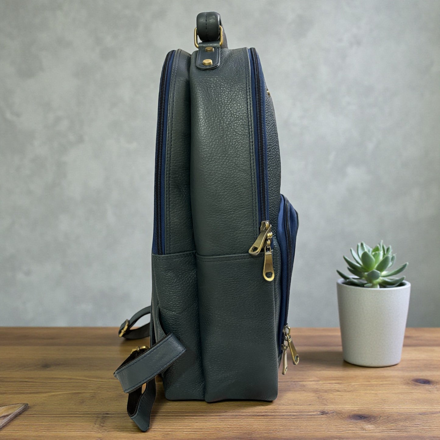 Men’s Genuine Leather Backpack with Laptop Compartment | Contrast Stitching & Brass Hardware | Multiple Organizer Pockets | Office, Travel & Business Use | Stylish Daypack (Blue)
