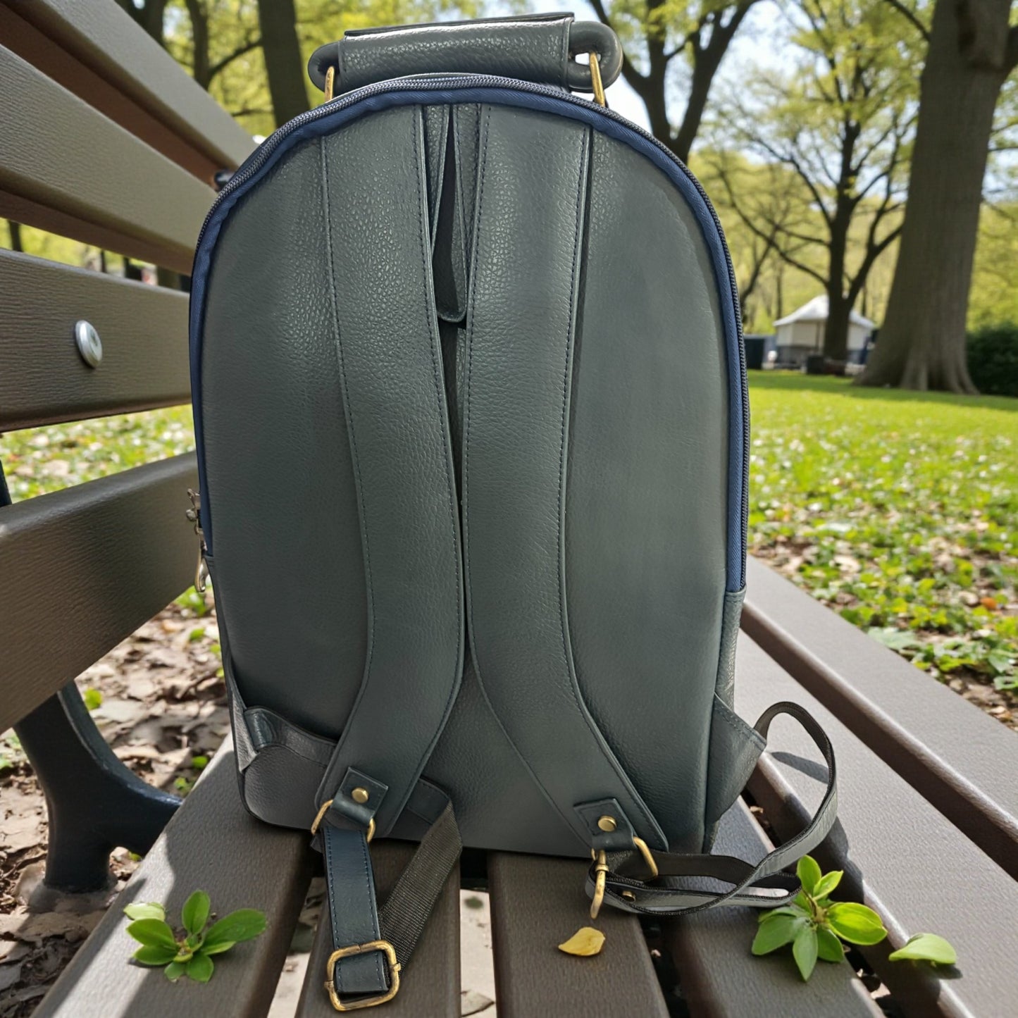 Men’s Genuine Leather Backpack with Laptop Compartment | Contrast Stitching & Brass Hardware | Multiple Organizer Pockets | Office, Travel & Business Use | Stylish Daypack (Blue)