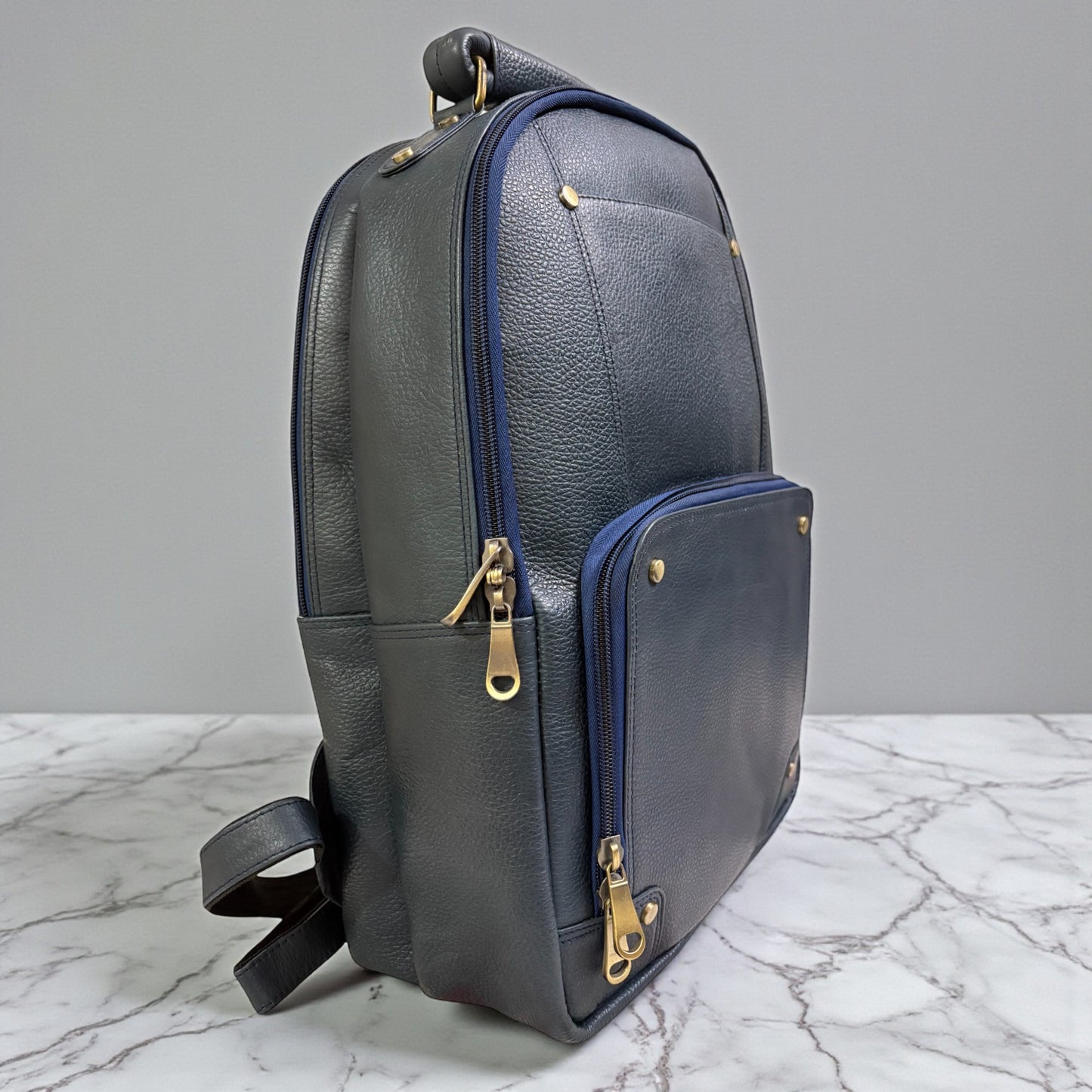Men’s Genuine Leather Backpack with Laptop Compartment | Contrast Stitching & Brass Hardware | Multiple Organizer Pockets | Office, Travel & Business Use | Stylish Daypack (Blue)