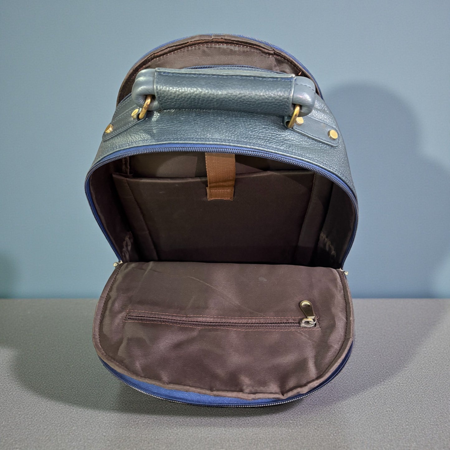 Men’s Genuine Leather Backpack with Laptop Compartment | Contrast Stitching & Brass Hardware | Multiple Organizer Pockets | Office, Travel & Business Use | Stylish Daypack (Blue)
