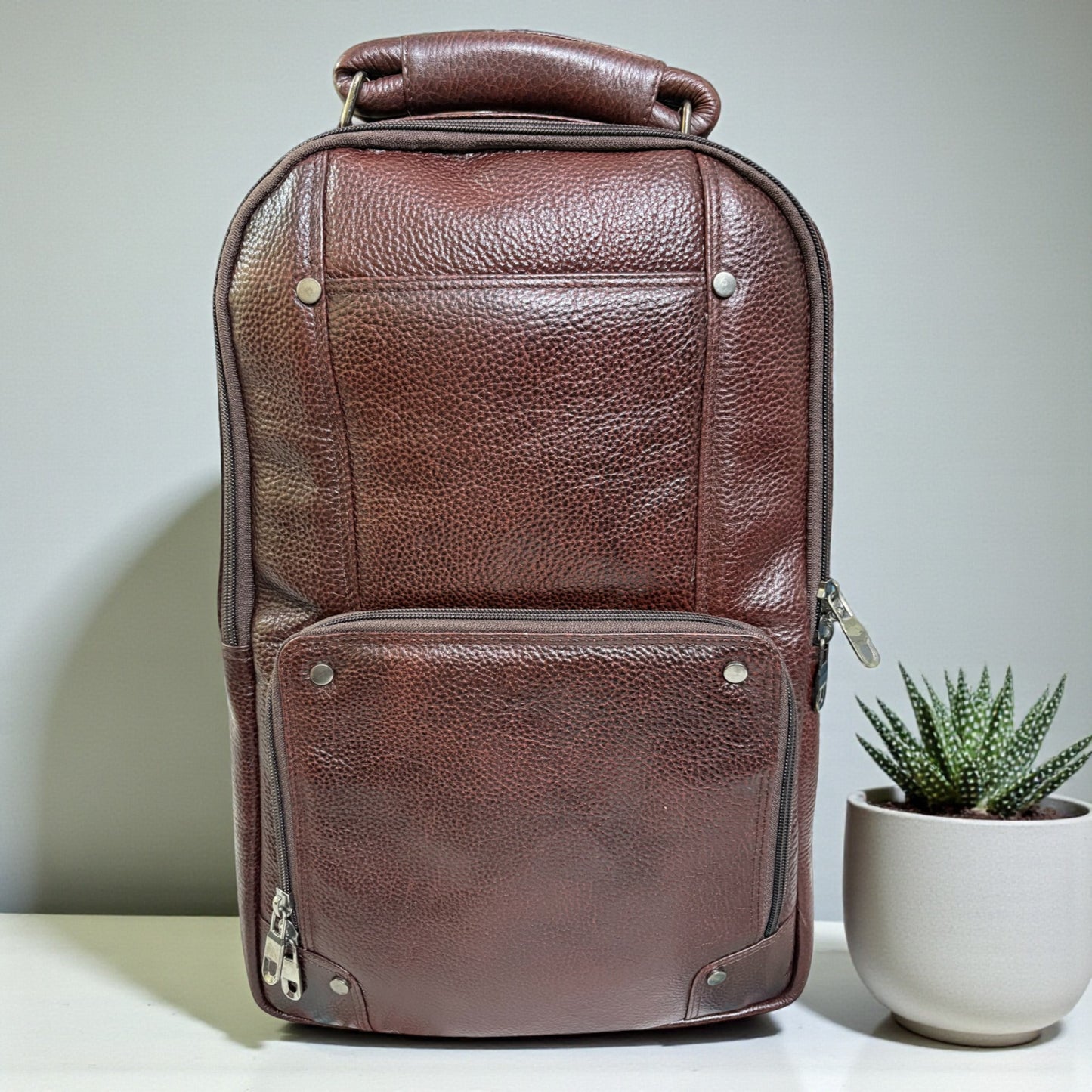 Men’s Genuine Leather Backpack with Laptop Compartment | Contrast Stitching & Brass Hardware | Multiple Organizer Pockets | Office, Travel & Business Use | Stylish Daypack (Brown)