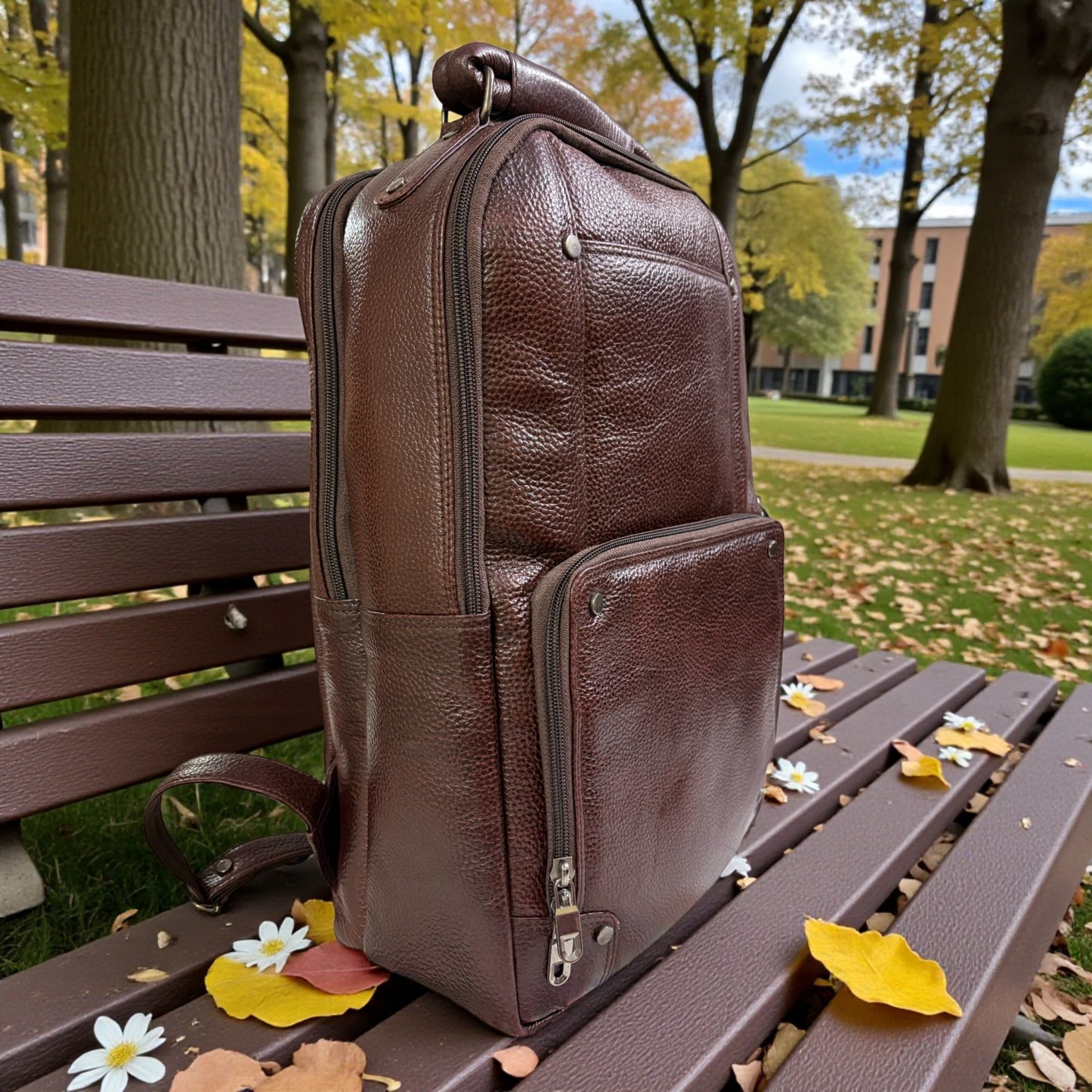 Men’s Genuine Leather Backpack with Laptop Compartment | Contrast Stitching & Brass Hardware | Multiple Organizer Pockets | Office, Travel & Business Use | Stylish Daypack (Brown)