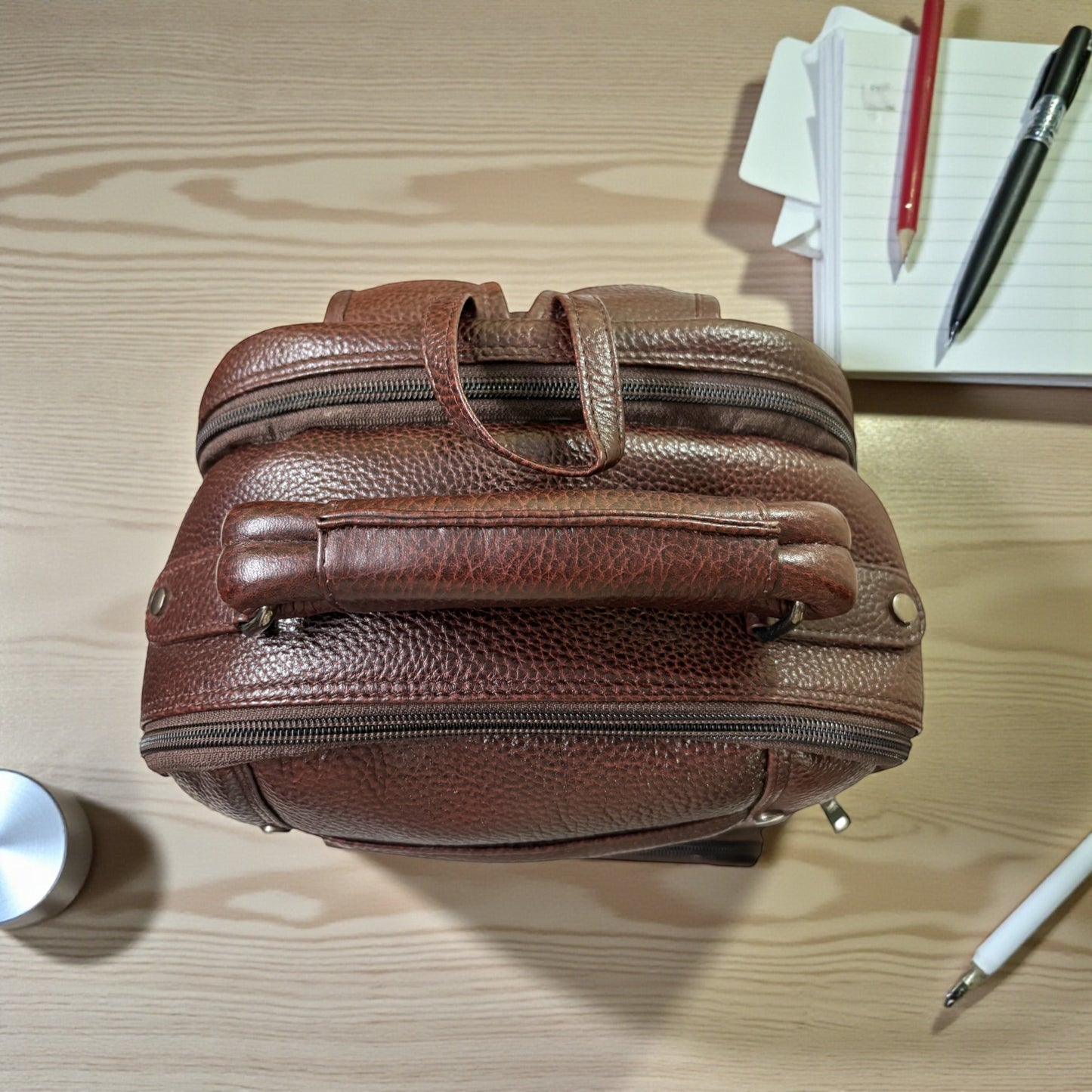 Men’s Genuine Leather Backpack with Laptop Compartment | Contrast Stitching & Brass Hardware | Multiple Organizer Pockets | Office, Travel & Business Use | Stylish Daypack (Brown)